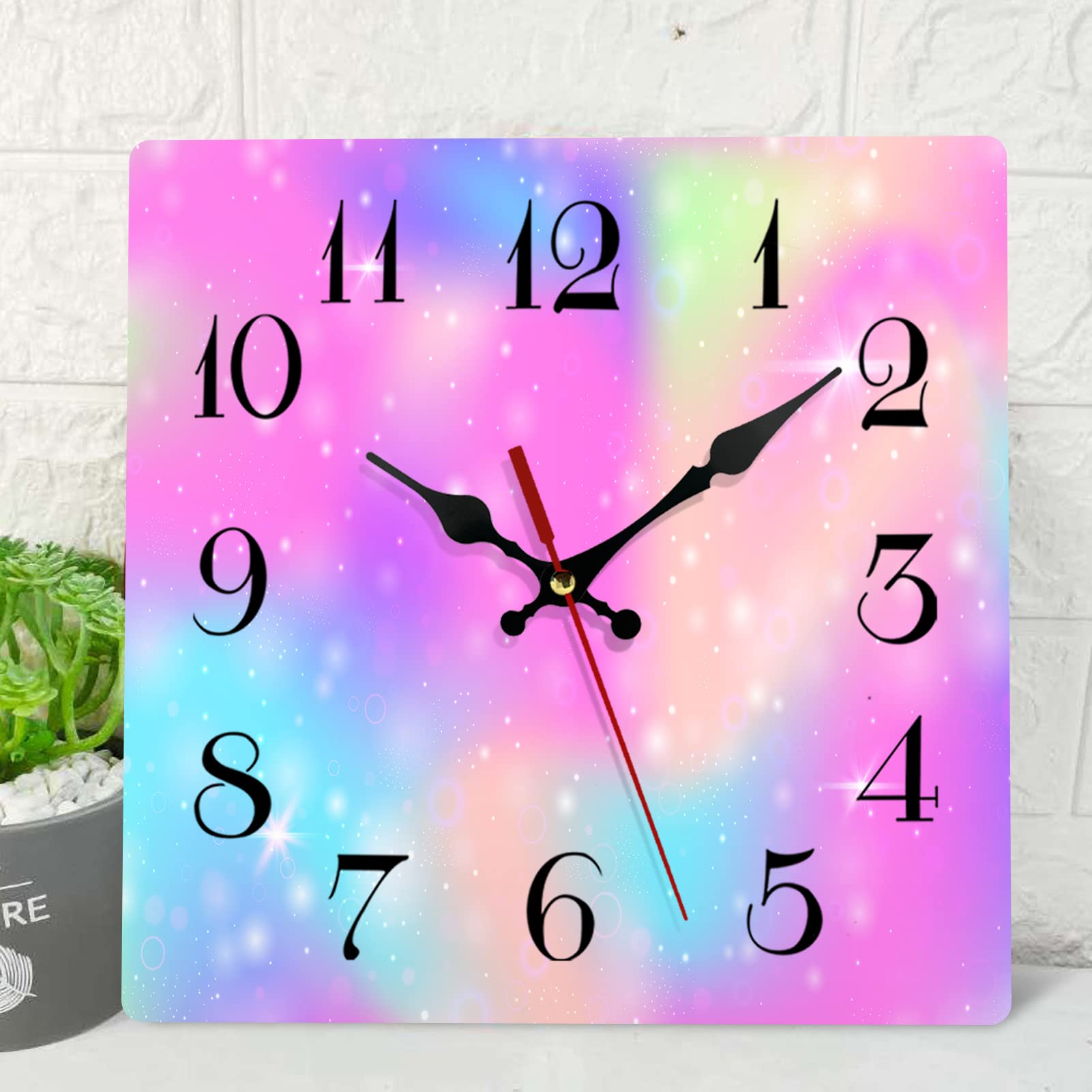 ArtSocket Wooden Wall Clock Silent Non-Ticking, Unicorn Rainbow Universe Princess Fantasy Pink Square Rustic Wall Clocks Decor for Home Kitchen Living Room Office, Battery Operated(12 Inch)