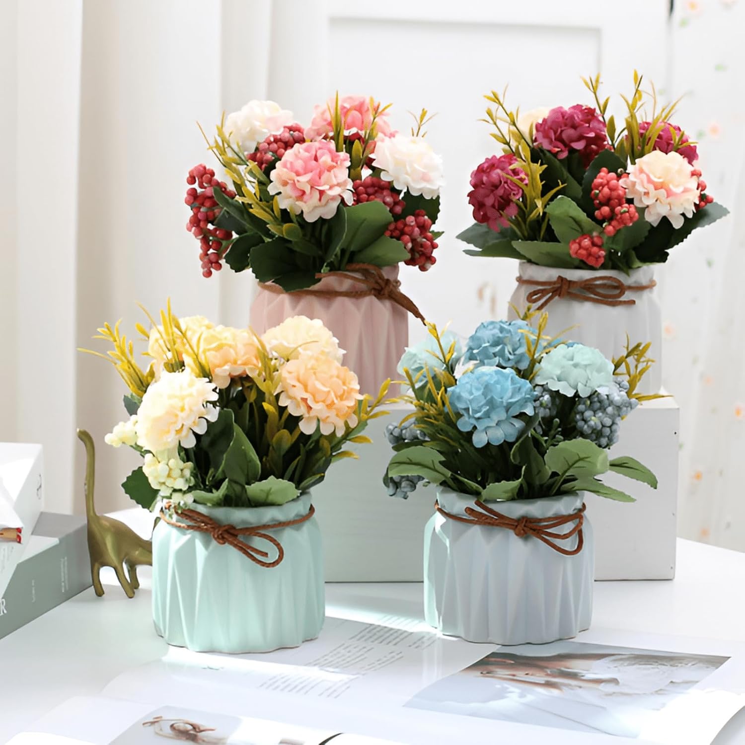 2 PCS Mini Hygrangea Artificial Flowers in Vase, Small Centerpiece Table Decorations - Fake Plant in Vase, Faux Hydrangea Flower Decor for Home, Wedding, Office and Party - Image 7