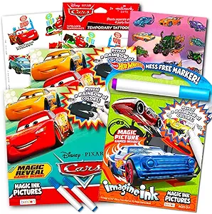 Disney Cars and Hot Wheels Magic Ink Coloring Book Set Kids Toddlers - Bundle with 3 Imagine Ink Coloring Books with Invisible Ink Pens, Cars Temporary Tattoos and Over 100 Cars Stickers