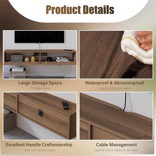 Miniatura 7 de Estante flotante de madera maciza para TV, armario de TV montado en la pared de 55 pulgadas, estantes flotantes con 2 puertas, centro de consola