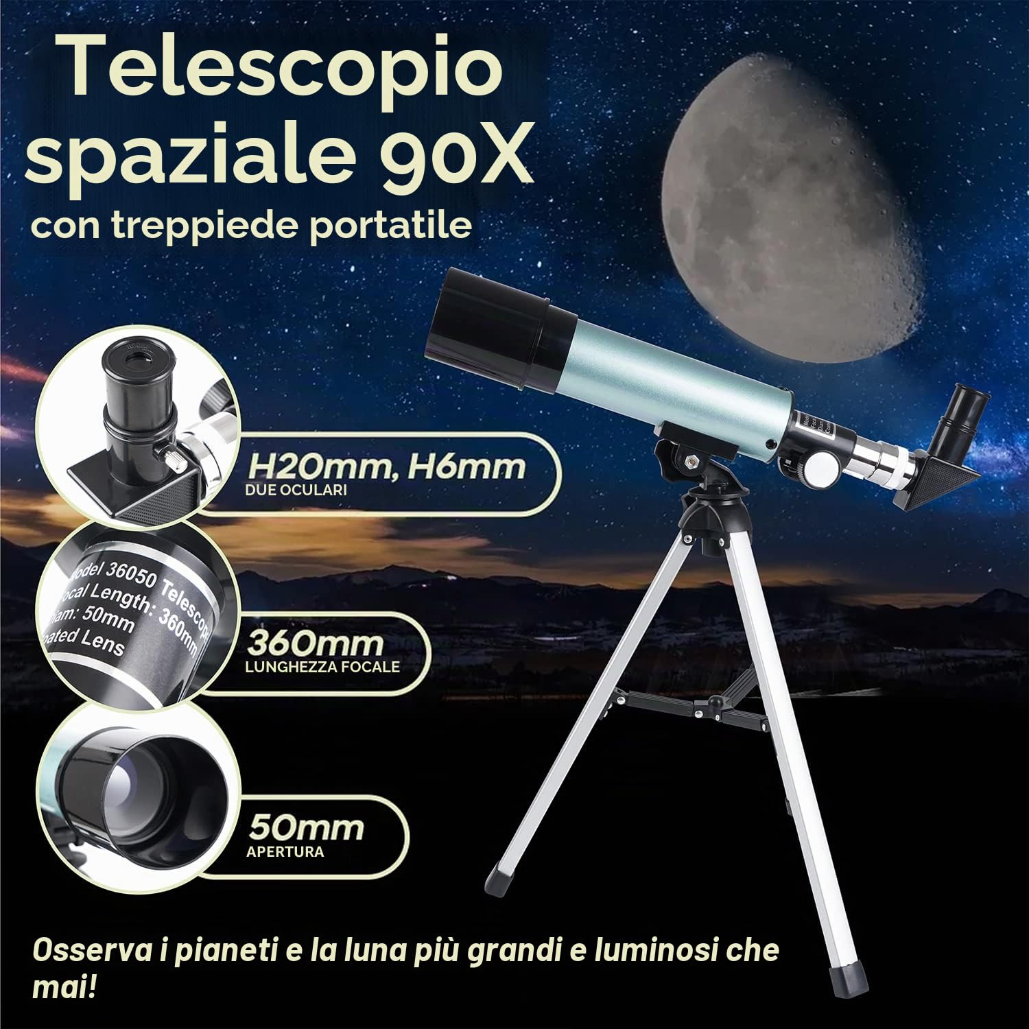 Telescopio Astronomico Bambini, Telescopio 360/50mm Zoom 90X HD Outdoor Monoculare Spazio Telescopi Rifrattore Portatile Refrattori Telescopi Con Treppiede per Bambini Adulti Principianti