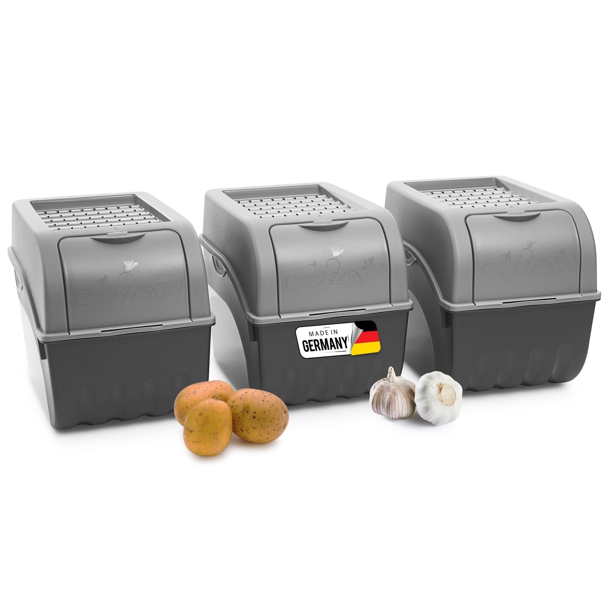 Novaliv Kartoffel Aufbewahrungsbox | 3x groß 9L | GRAU | Zwiebelbox | Gemüsebox stapelbar Kartoffelbox Zwiebel Aufbewahrung Kartoffelkorb Obstbehälter Kartoffelkiste Frischhaltedose