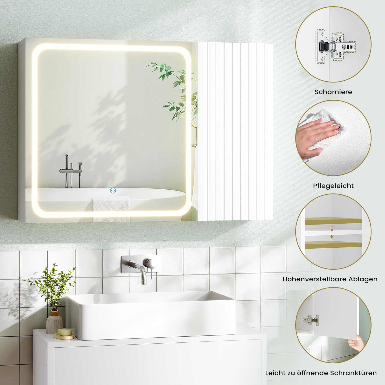 Armoire Murale Salle de Bain avec Éclairage LED et Miroir HD, Armoire de Toilette avec Étagères Réglables, 3 Températures + Intensité Réglable, Meuble de Salle de Bain, Blanc 16 x 60 x 80 cm