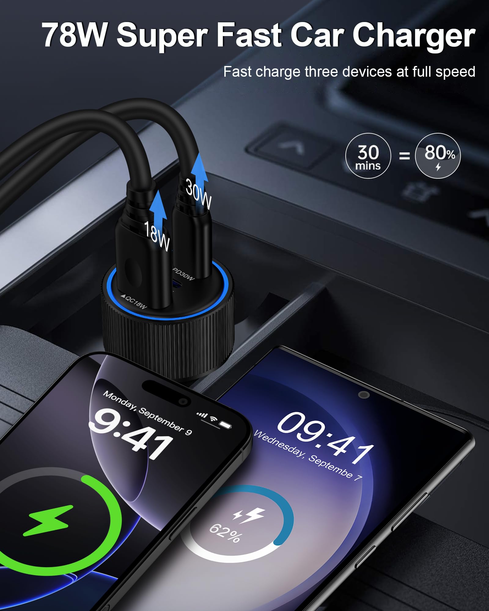 IPhone Auto Ladegerät USB C, 78W Schnellladung, 3 Ports (30W PD & 18W QC) - Für IPhone, Galaxy, IPad Im Auto