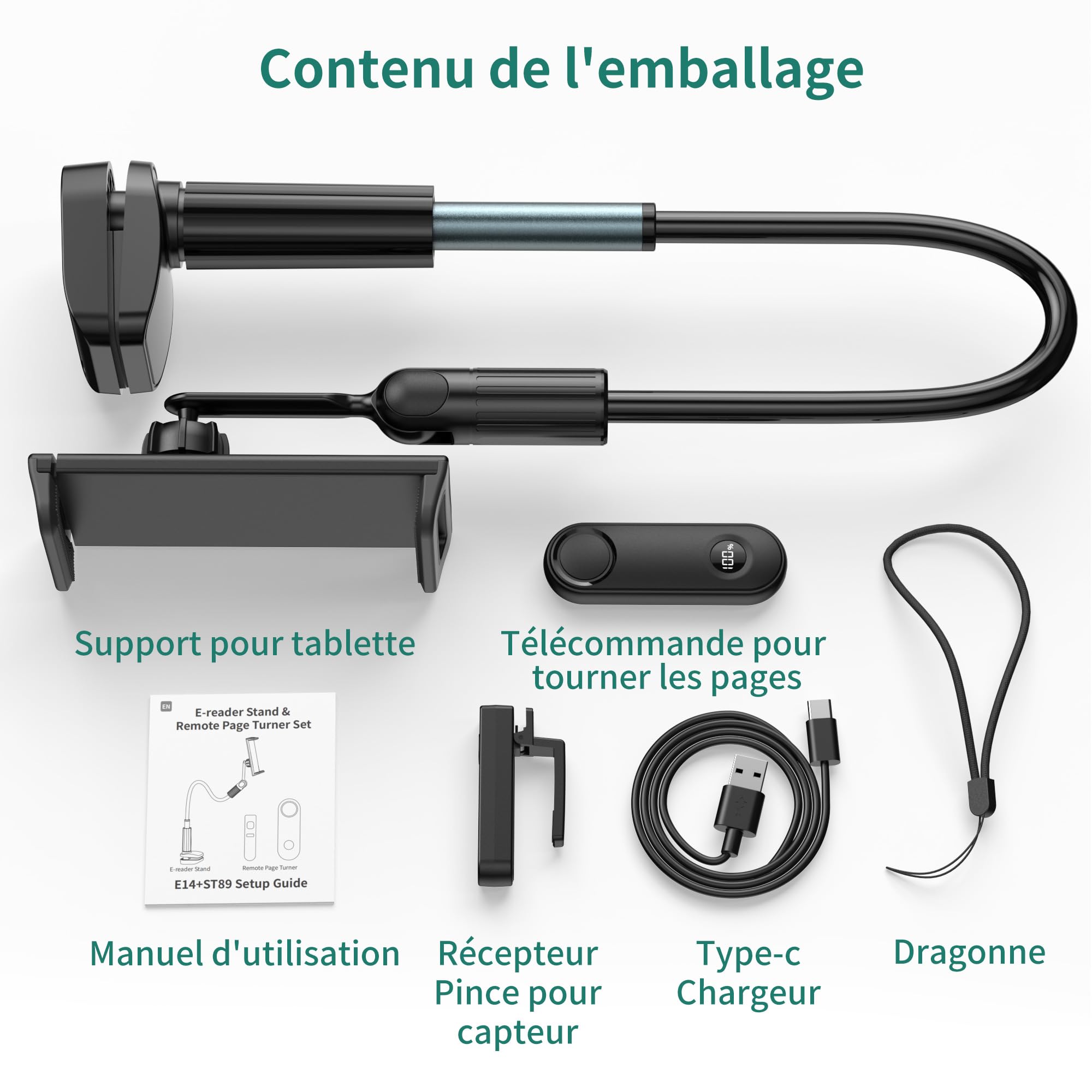 PlusAcc Télécommande Tourner pour Kindle – Support à col de Cygne pour Lire des Livres électroniques, Accessoire pour Tourner Les Pages au lit, adapté au Kindle Paperwhite/Oasis/Kobo