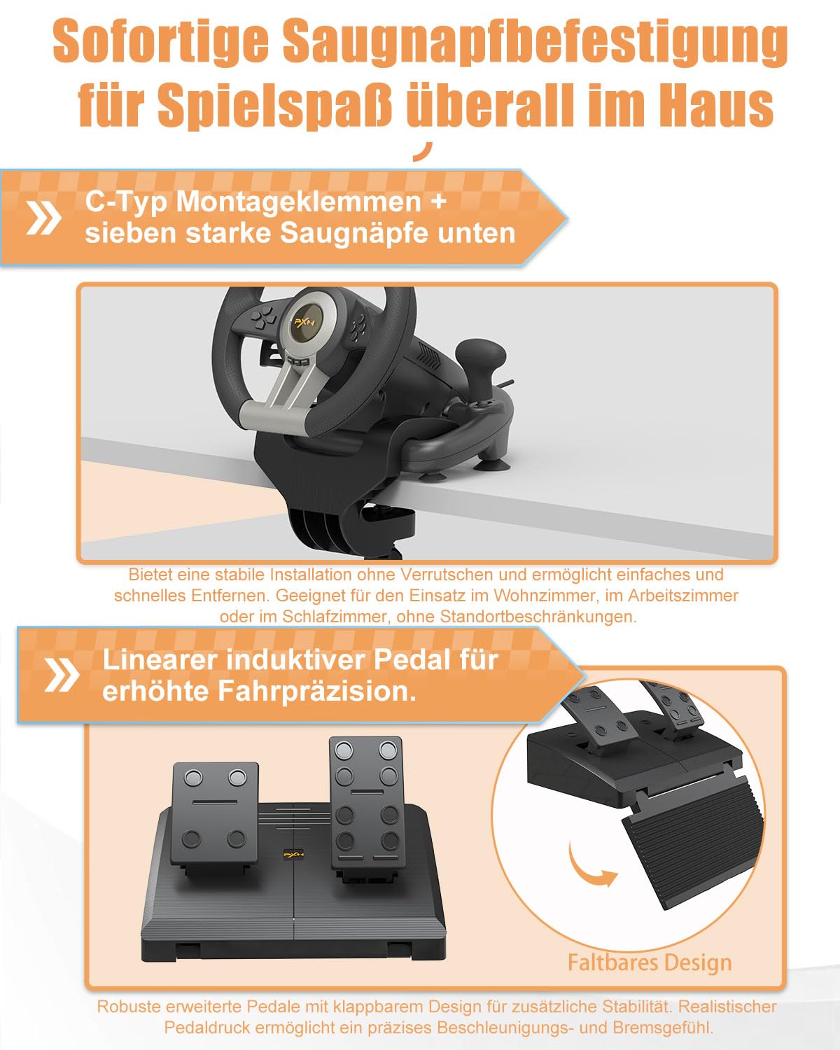 PXN V3 Pro Gaming Lenkrad mit Pedalen 180° Vibrationsfeedback Schalthebel Paddle Schaltung für PC PS4 PS3 Xbox Switch Schwarz