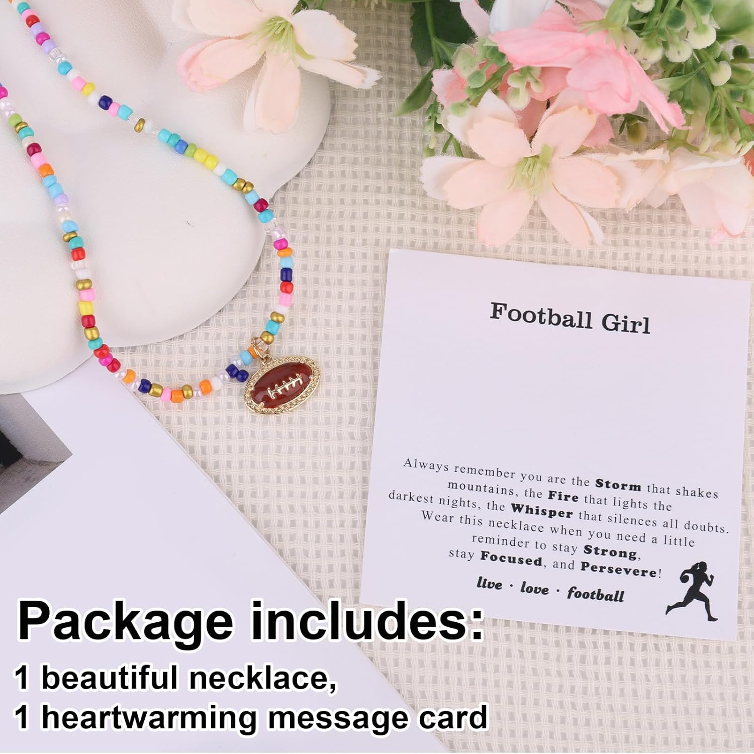 Football Beaded Necklace for Women, Adjustable Colorful Beads Rugby Pendant Necklace Sport Themed Decorations Accessories Jewelry for Team Gifts Party Favors Supplies - Image 3