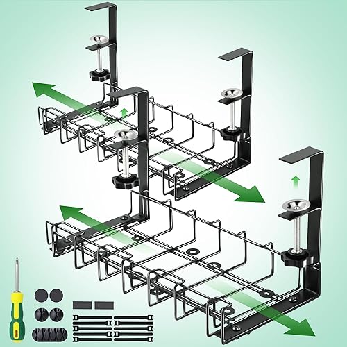 2 Pcs Extendable Under Desk Cable Management TrayHaootadiy No Drill Cable Tray with Clamp,Desk Cable Tray with Wire Organizer and Desk Cord