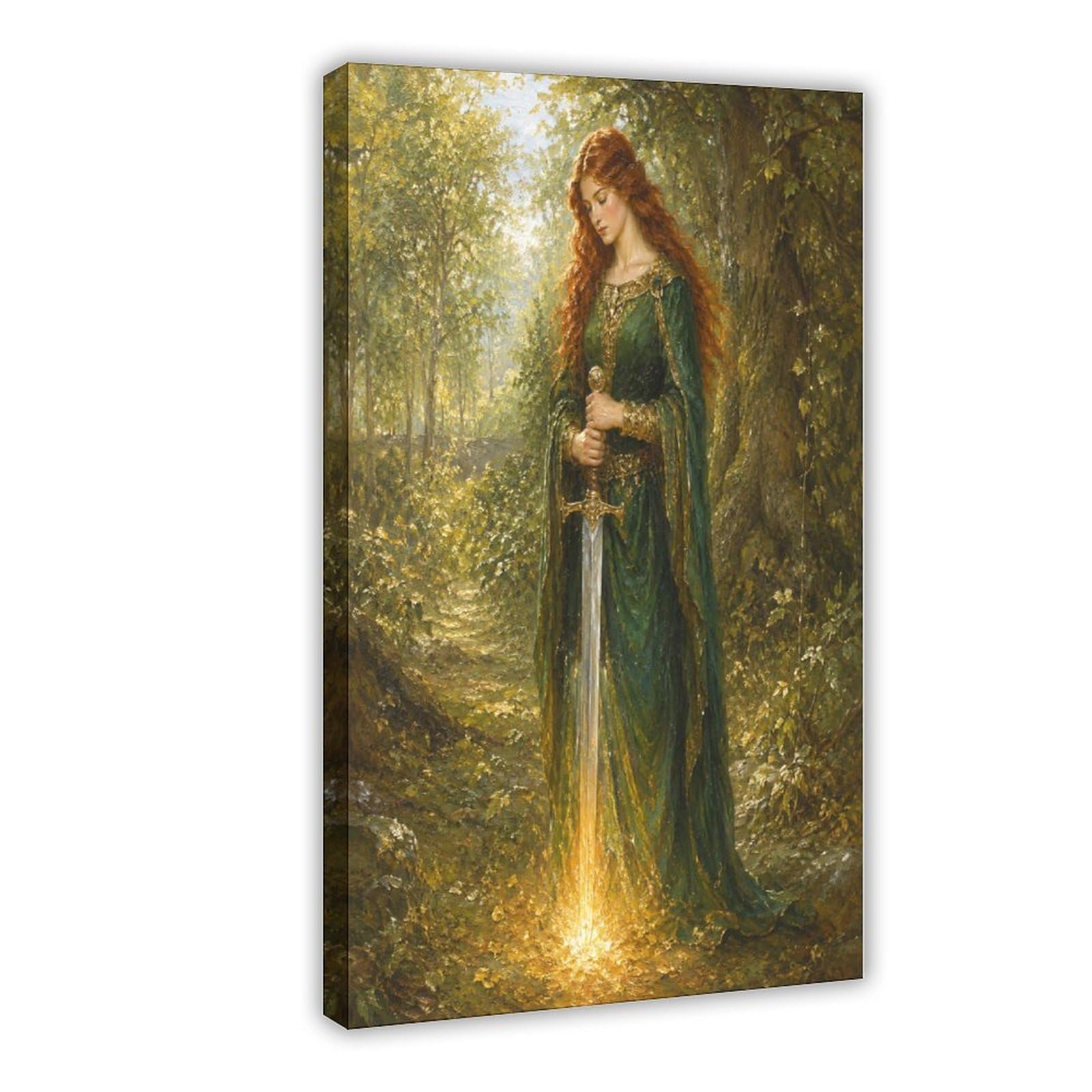W7c8u2x3 Frame-Style-14 Woman With Glowing Sword Canvas Wall Art, Fantasy Warrior Apartment