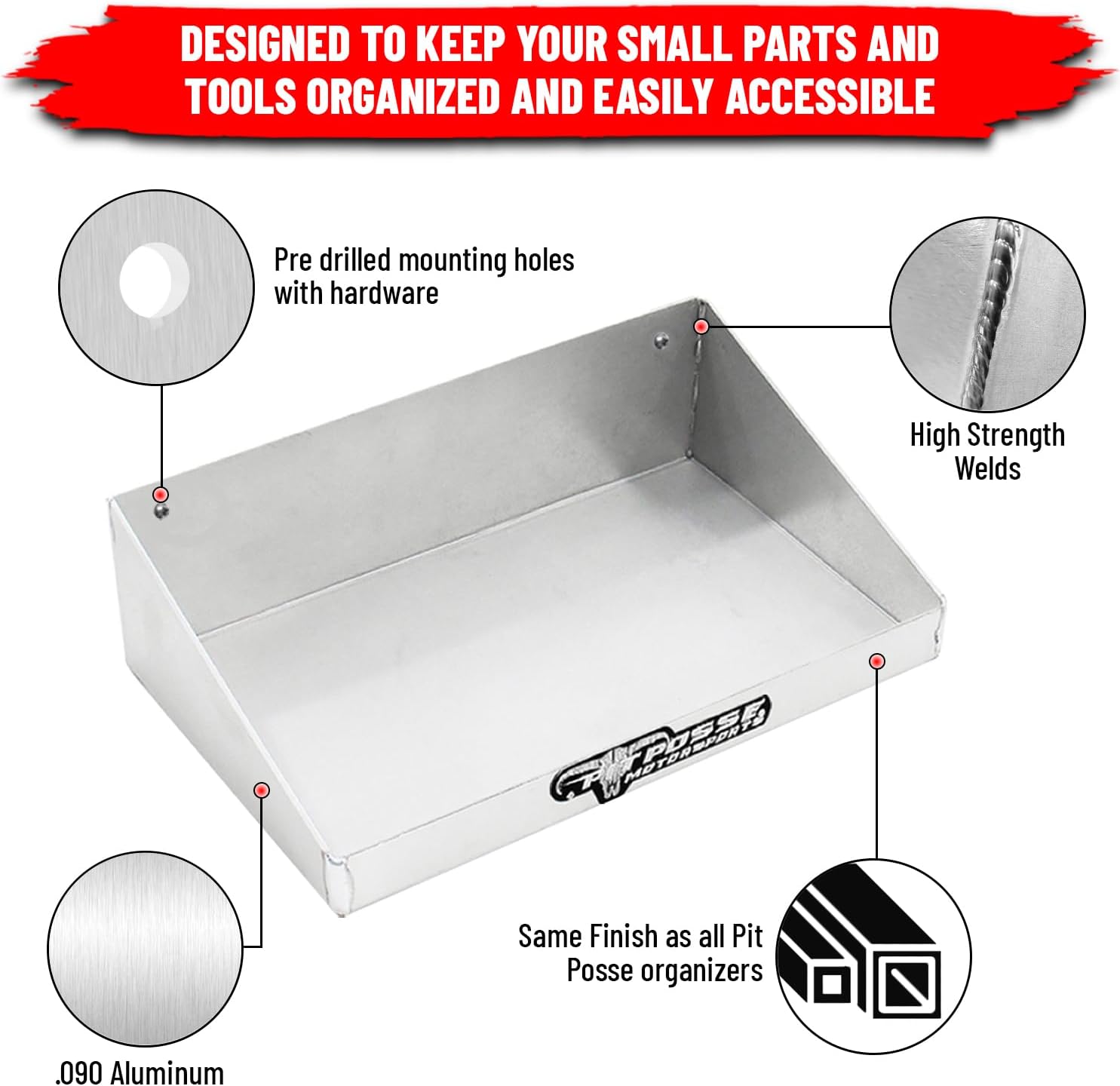 Pit Posse 606 Aluminum Mini Work Tray Shelf Multi-Use Tool Storage Container Holder - Made in USA - Garage Enclosed Trailer Automotive Shop Cabinet Wall Mount Pegboard Insert Trinket Bin (Silver)