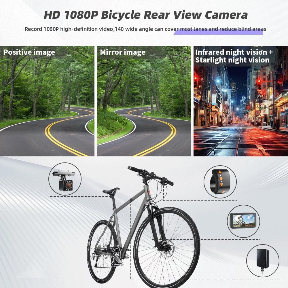 Telecamera Posteriore per Bicicletta VSYSTO, WiFi GPS da 4,5 Pollici 1080P con Visione Notturna a Infrarossi, con Modalità di Guida, Display di Chilometraggio e Calorie, Promemoria di Spegnimento