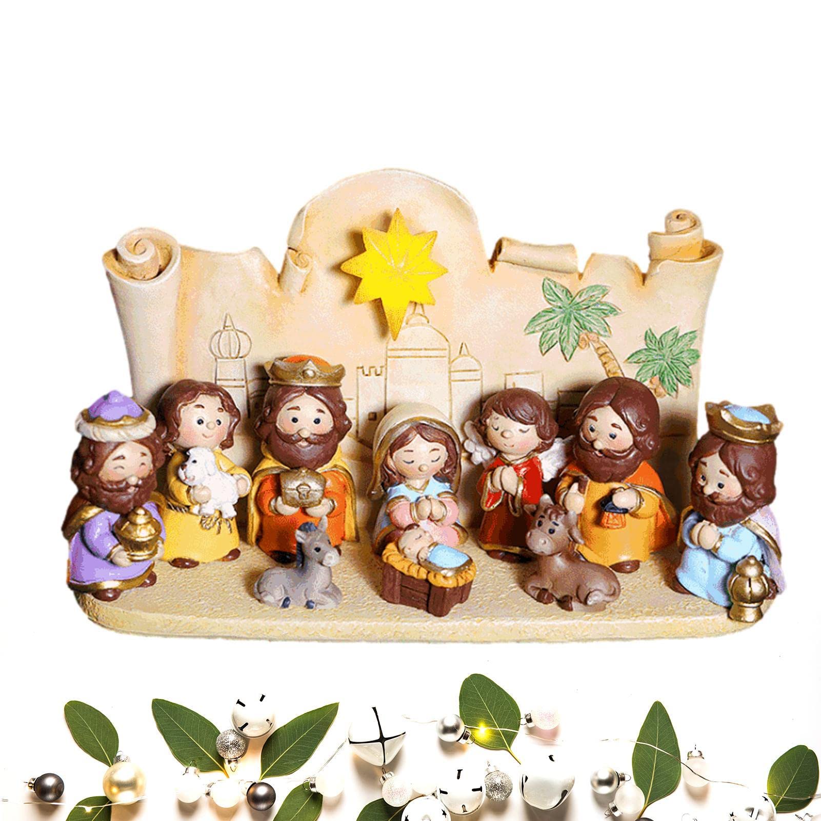 Crèche De Noël Miniature Lumineuse ZWMBYN - 11 Pièces, Figurines Résine Avec LED - Décoration Intérieure, Cadeau Religieux