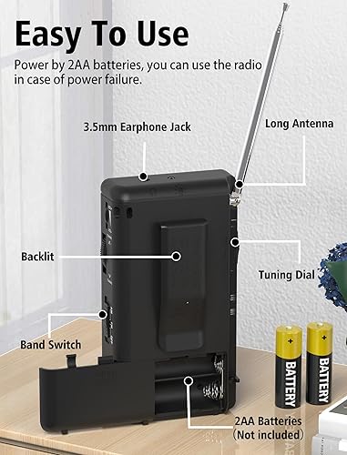 Miniatura 8 de Radio portátil AM FM, radio a batería con altavoz grande de 3 W, radios de transistor con la mejor recepción, bolsillo con clip trasero, linterna,
