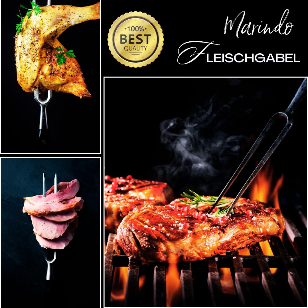 Marindo Forchetta professionale per carne in acciaio inox, 31,5 cm, con manico in legno e lunghezza lama 17 cm, forchetta per arrosti, forchetta da trinciatura in acciaio inox grande