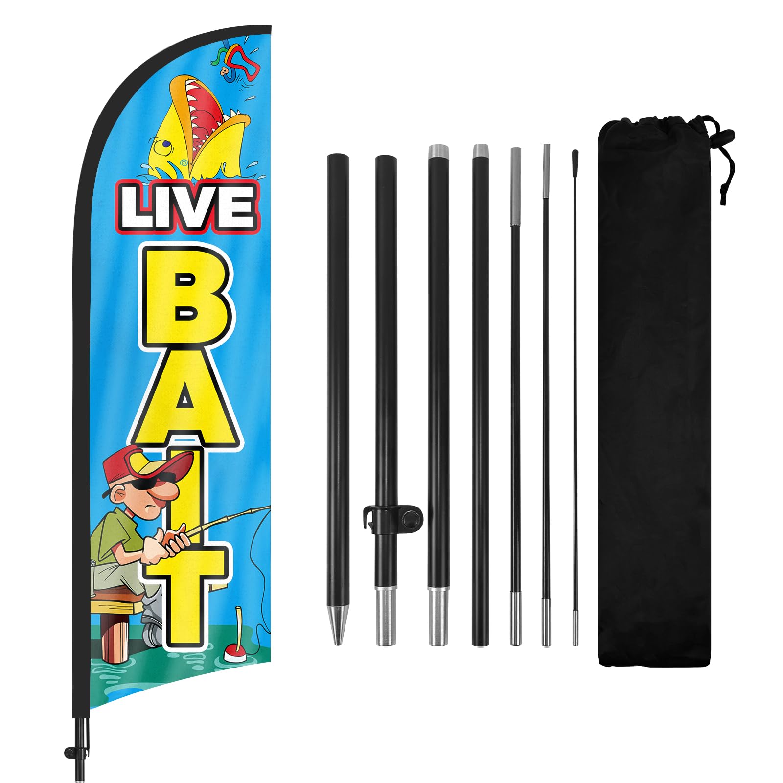 Photo 1 of Live Bait Feather Flag with Pole Kit 8Ft Tall, Fishing Bait Sign Tackle Store Banner Flag for Marinas Lake Shops