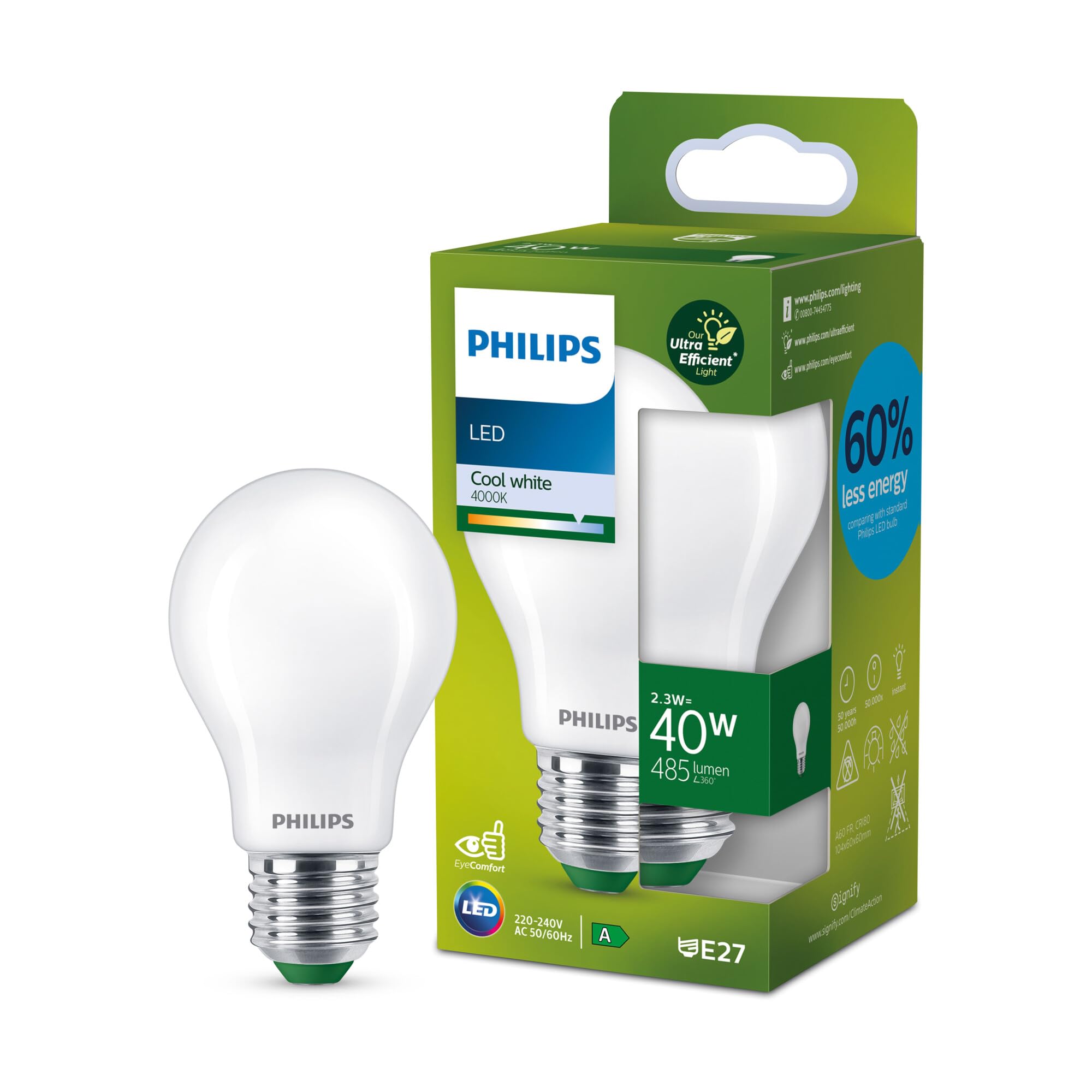 Philips Ultra Efficient - Ultra energy saving lights, E27 LED light source, 40W, A60, cool white, pack of 1, frosted