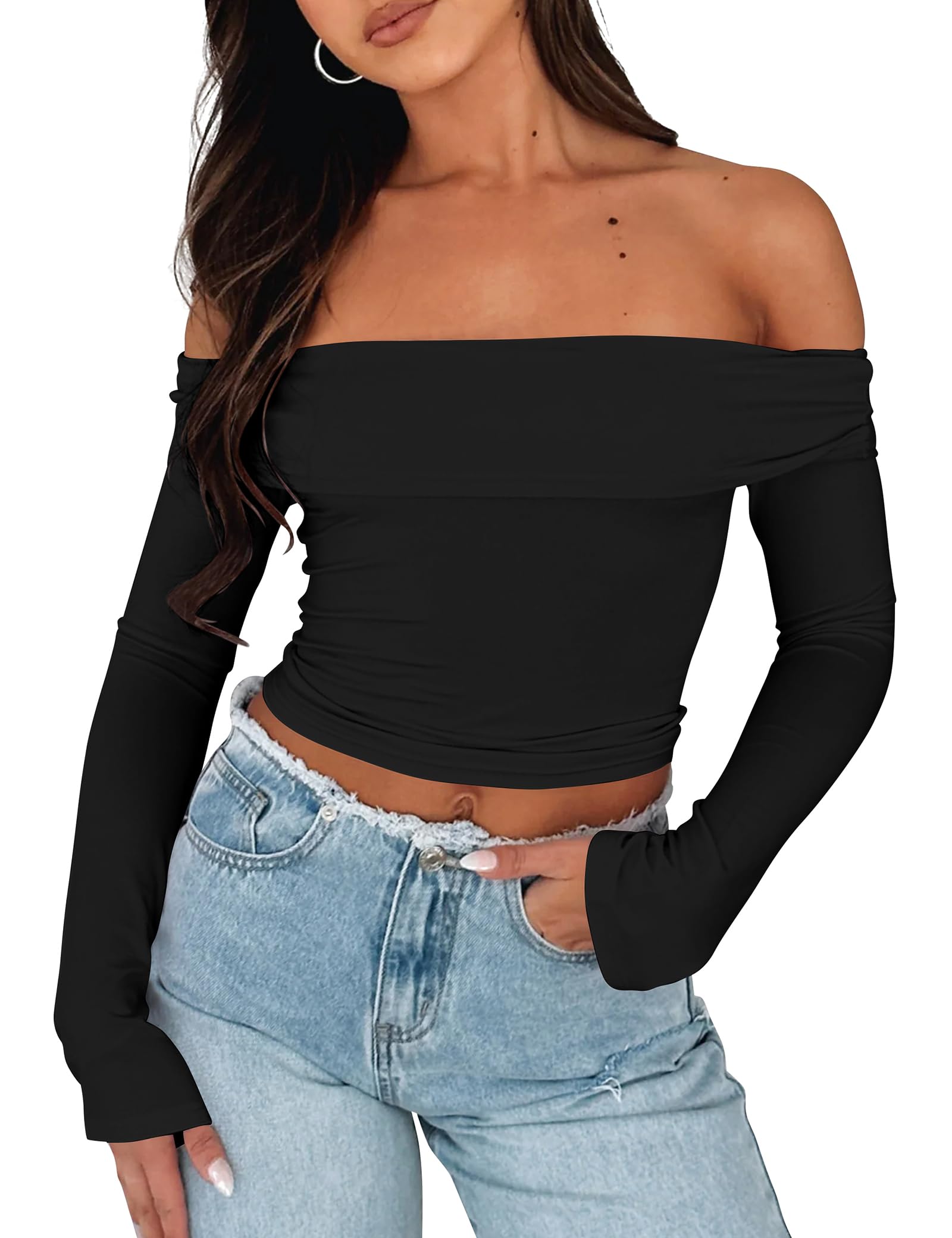 AKLOPVIIWomen Y2K Off The Shoulder Long Sleeve Crop Tops Tight Fitted Fold Cropped Shirt Backless Going Out Trendy Tee