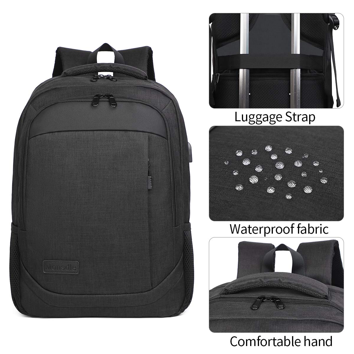 Monsdle Travel Laptop Backpack Anti Theft Water Resistant Backpacks School Computer Bookbag with USB Charging Port for Men Women College Students Fits 17.3 Inch Laptop (Black)