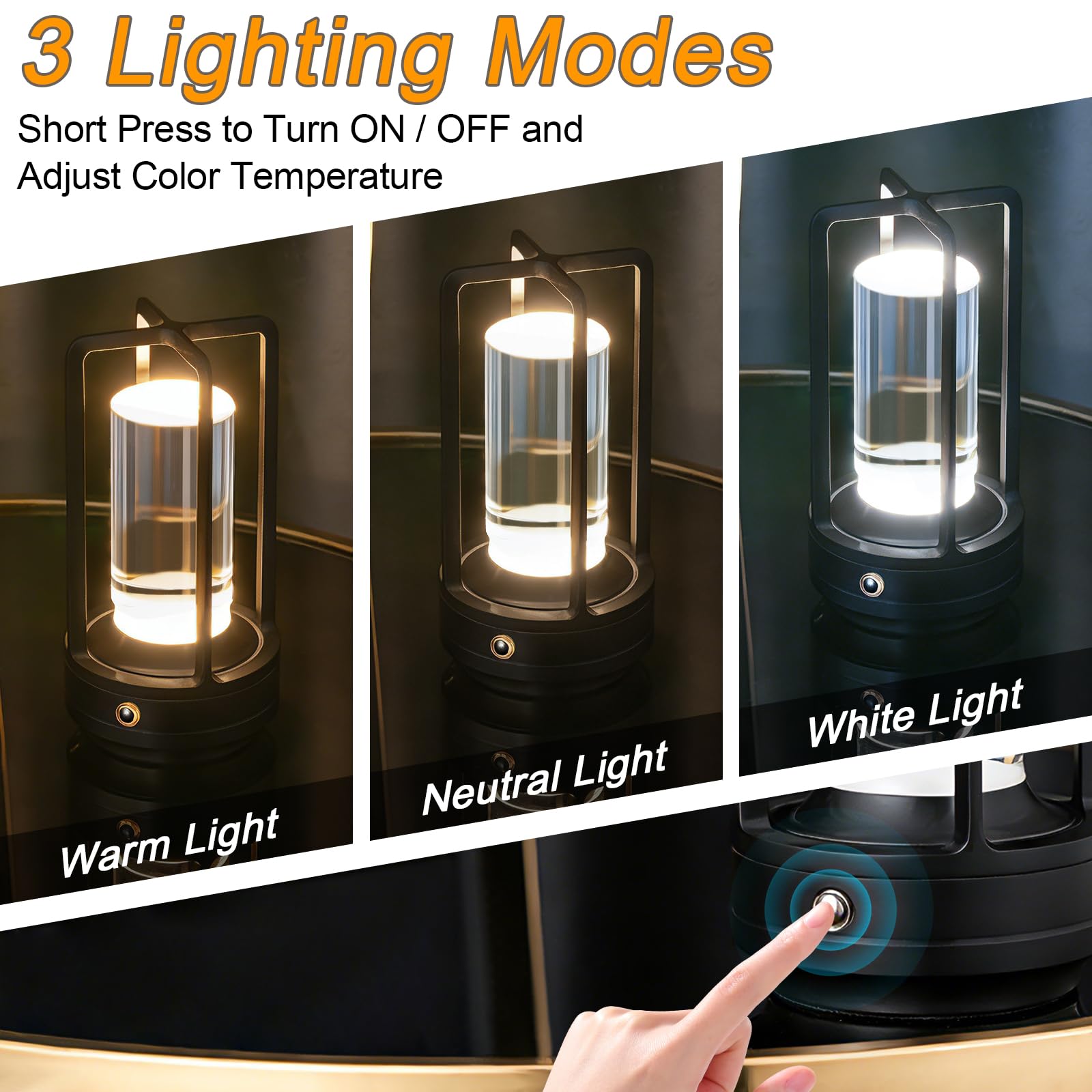 Paquete de 2 lámparas de mesa recargables inalámbricas, 3 colores, atenuación continua de cristal para comedor, sala de estar, bar, cafetería, restaurante, patio, camping (negro)