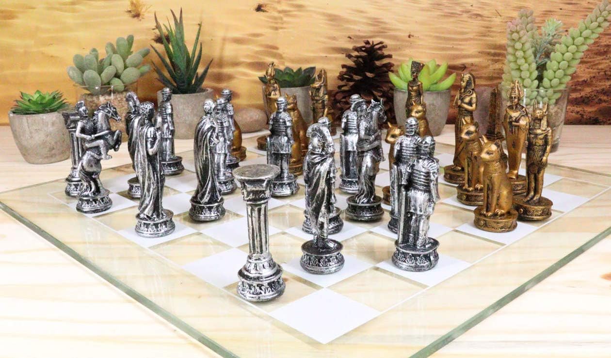 Ebros Kingdoms at War Legendary Historical Egyptian Empire Versus Roman Empire Chess Set Made of Hand Painted Resin Chess Pieces and Frosted Glass Checkered Board