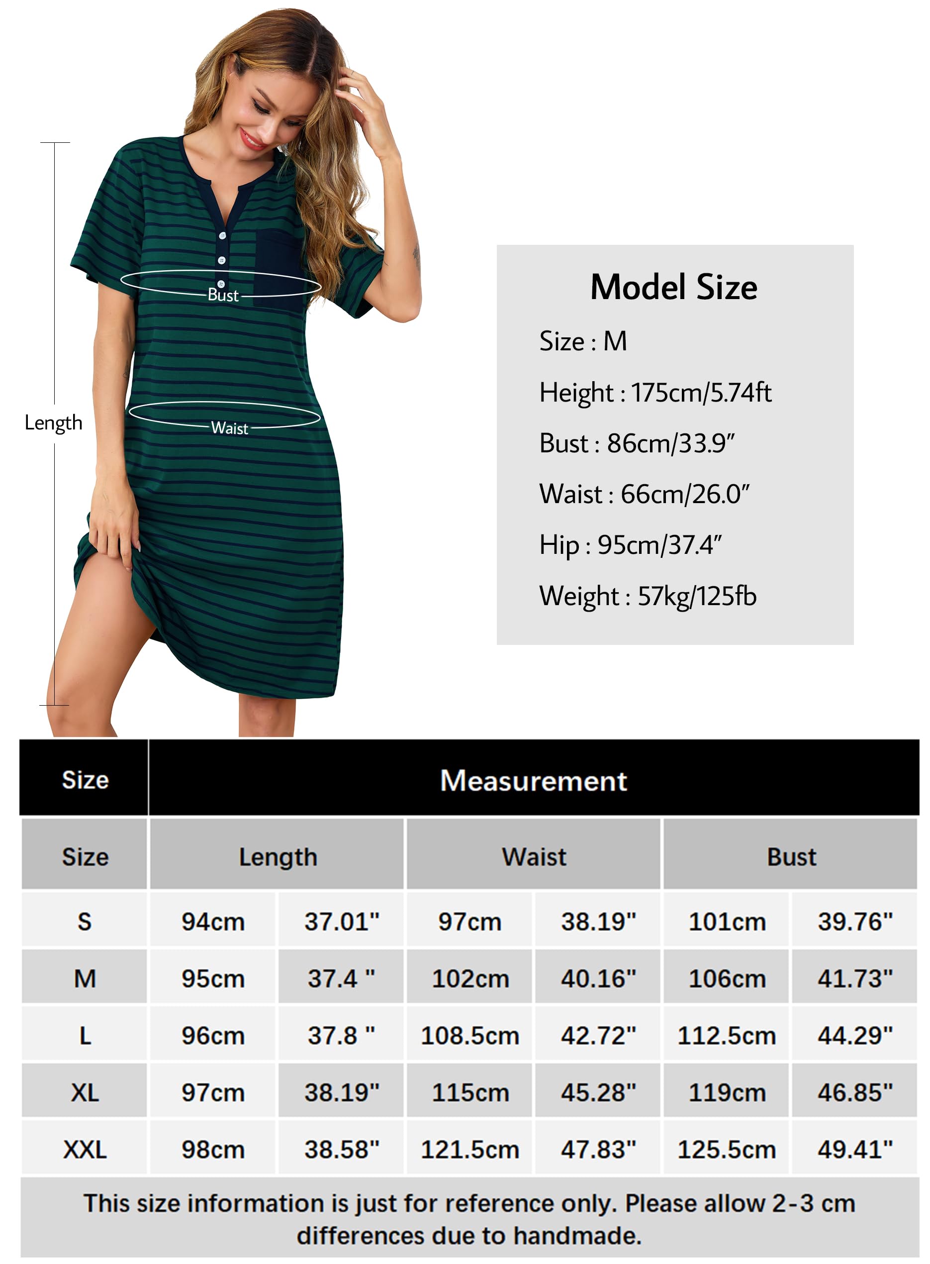 Lovasy Camicia da Notte Cotone Donna Estiva a Maniche Corte Vestito Pigiama Leggero con Bottoni a Righe Scollo a V Sexy Sottoveste Curvy Abito da Notte con Tasche