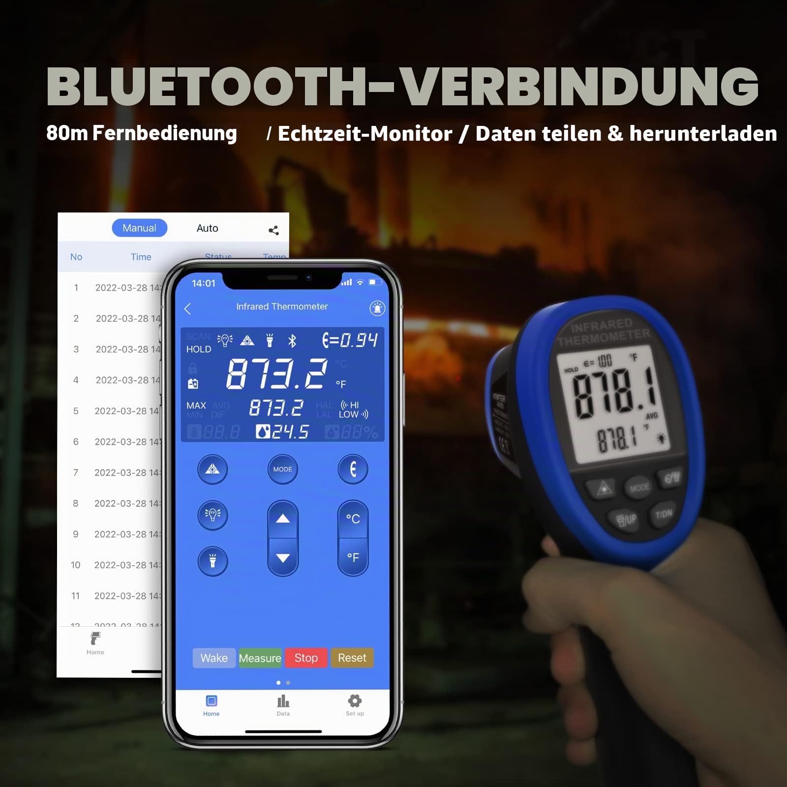 BTMETER Infrarot-Thermometer mit Bluetooth, 30:1 Dual-Laser Pyrometer, -50 °C ~1500 °C Kontaktloses Infrarotthermometer, Einstellbarer Emissionsgrad(nicht für Menschen)