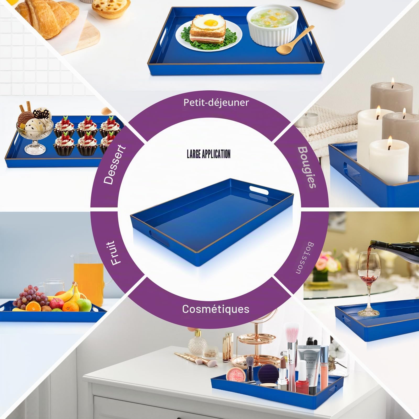 Gifturbo Plateau de service décoratif avec poignées, plateau rectangulaire en plastique ottomane pour salon, salle de bain, 40 x 25,9 x 3,5 cm