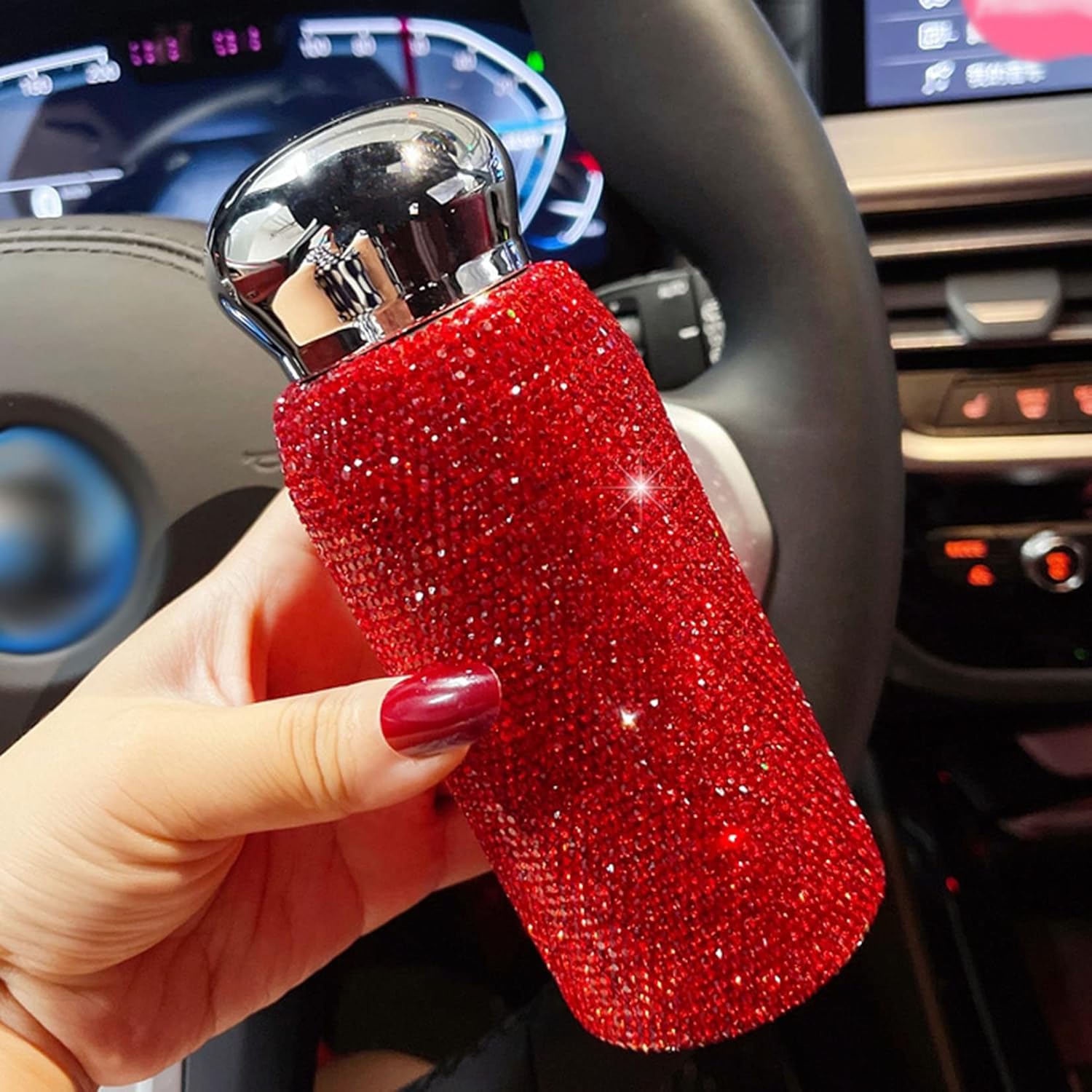 Rhinestone Water Bottle,Bling Crystal Vacuum Flask Stainless Steel Travel Mug Diamond Flask Vacuum Bottle for Christmas Birthday Valentine's Day Birthday Gift,Red