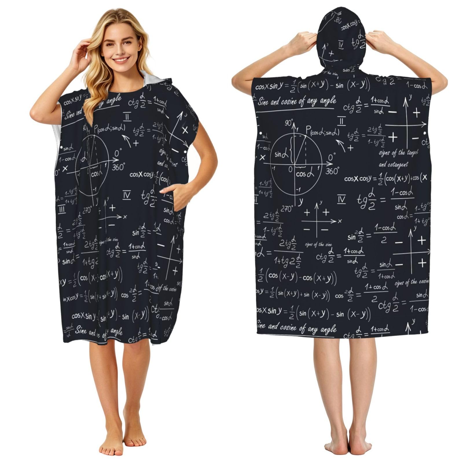 Poadnly Mathematical Seamless With Geometric Shapes Formulas, Adult Hooded Beach Towel 90 x 110 cm,Changing Bath Robe, Surf Poncho Towel For Women Men
