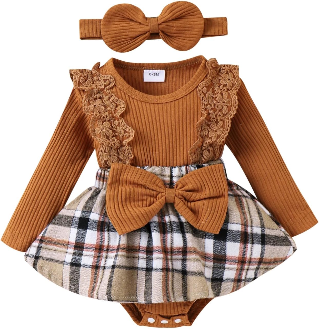 KAFIRENBaby Girl Clothes Fall Winter Outfit Plaid Romper Long Sleeve Dress Lace Ruffles Bodysuit with Bow Headband