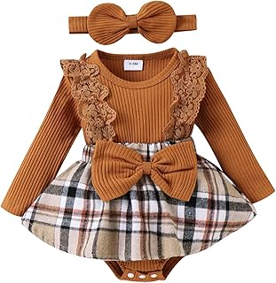 Baby Girl Clothes Fall Winter Outfit Plaid Romper Long Sleeve Dress Lace Ruffles Bodysuit with Bow Headband - Buy now