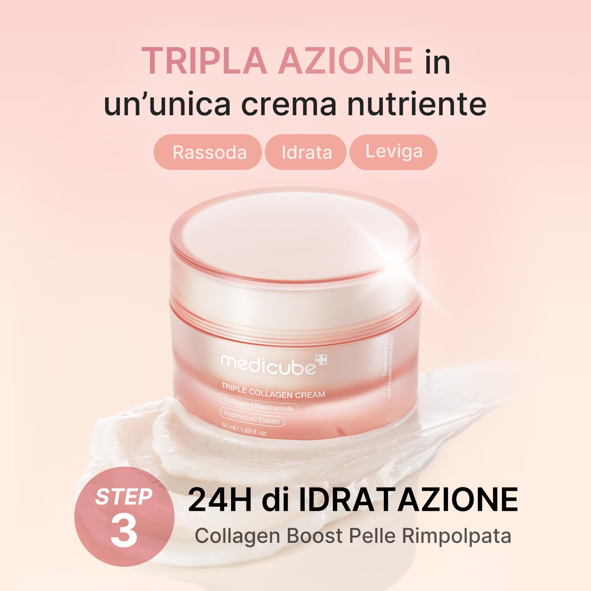 medicube Triple Collagen Cream - Crema Viso Collagene contro i segni del tempo, Pelle Idratata per 24h, Effetto Rassodante e Idratante, con Acido Ialuronico - Skincare Coreana, 50 ml
