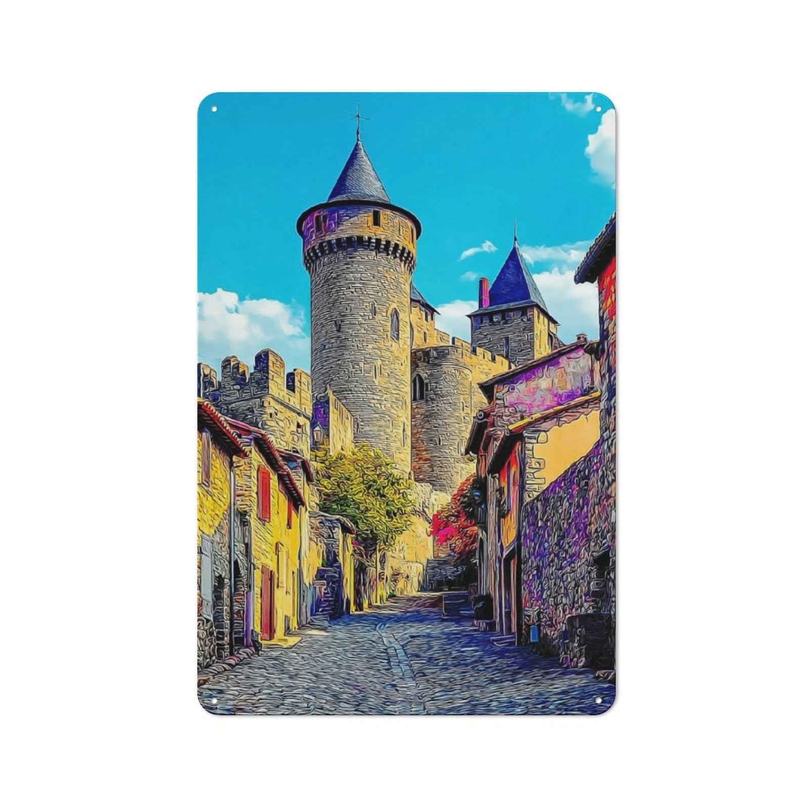 Understated Decorative Metal Sign 30x20cm Featuring Medieval Castle with Cobblestone Streets, Study Room Decor for Workspace, Cafe, Shop Or Desk Area
