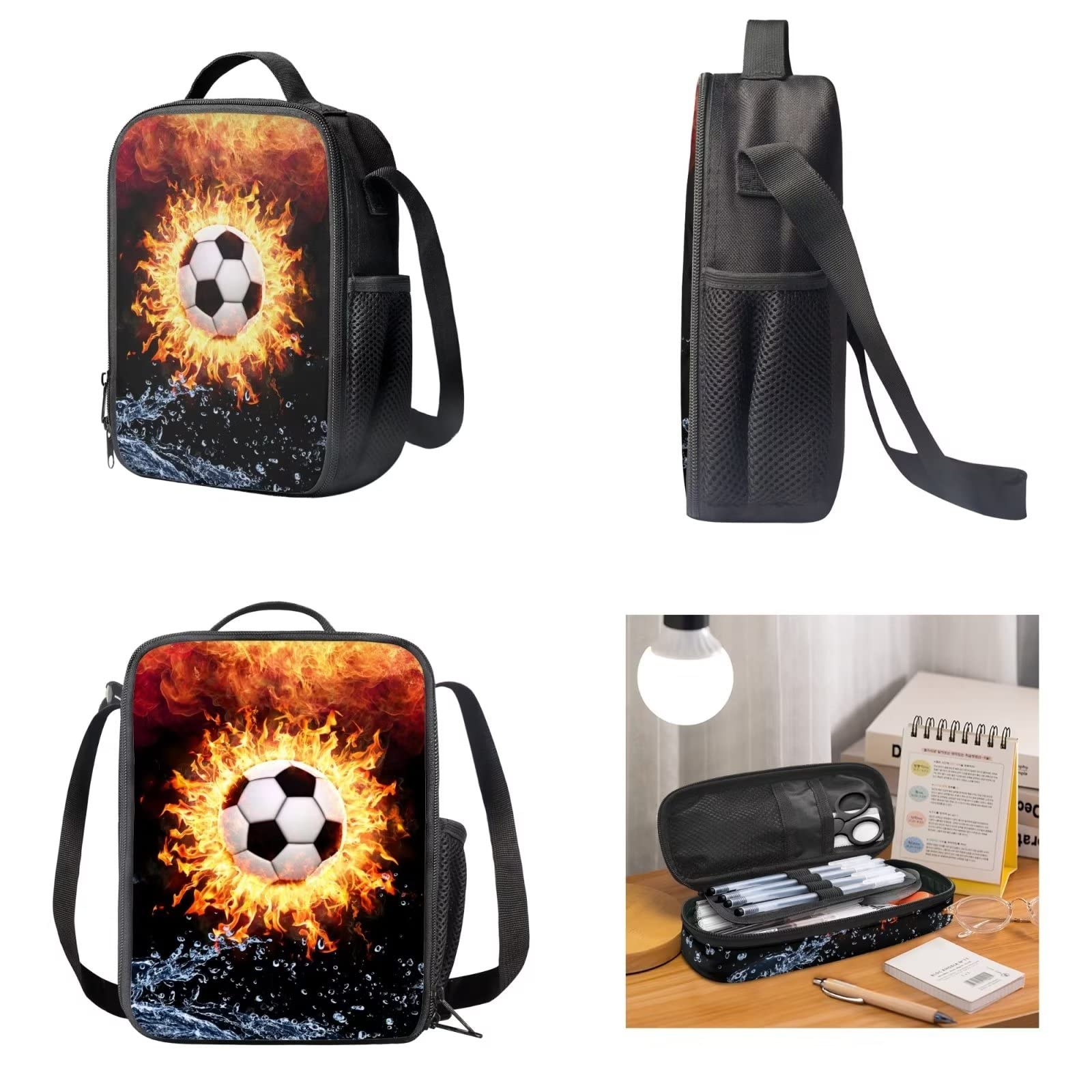 POLERO Mochila escolar de caballos para niños, juego de bolsas de almuerzo, estuche para lápices, 3 piezas, bolsas escolares, Fire Soccer, Talla única, Mochila infantil