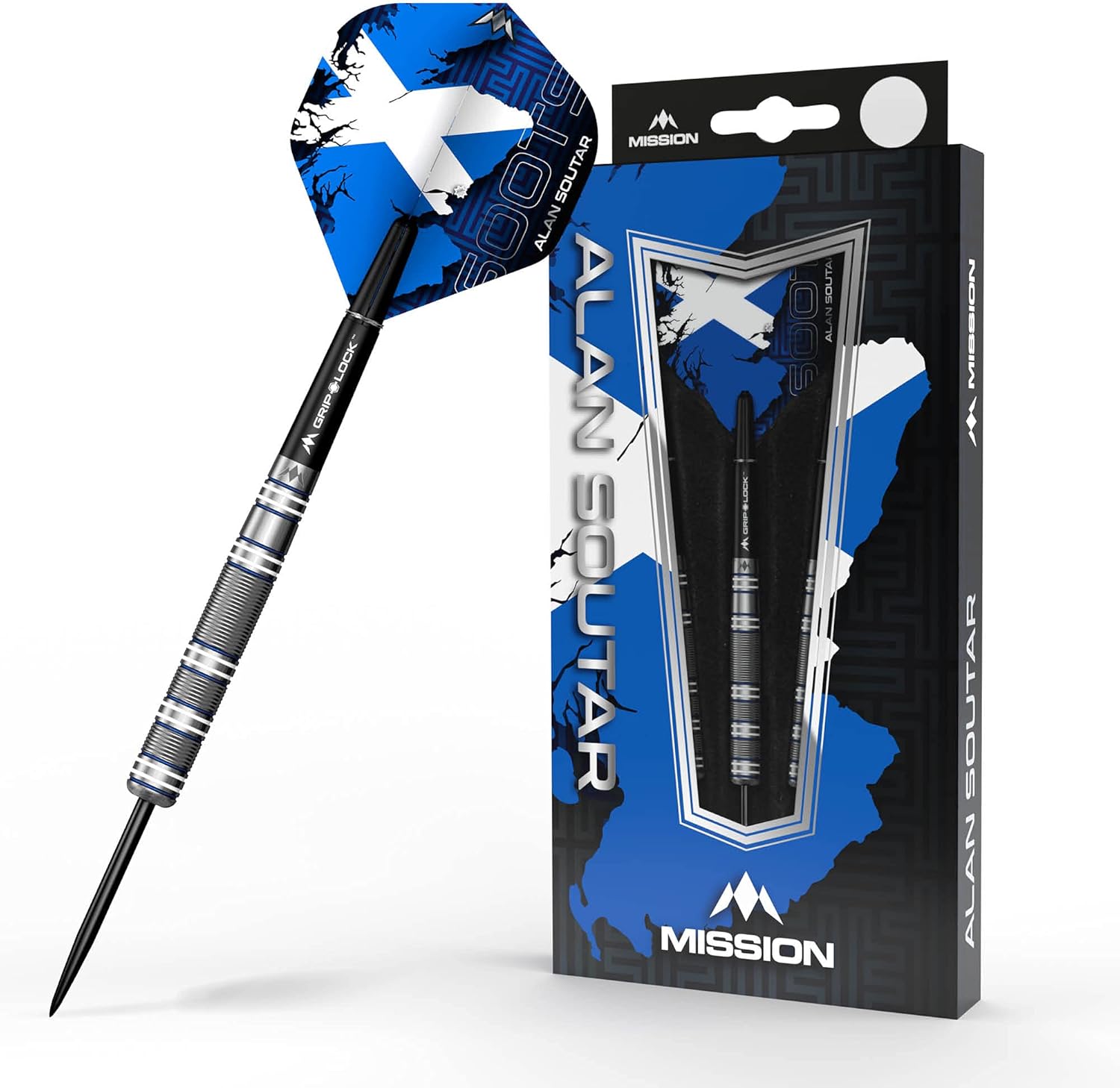 Mission Darts | Alan Soutar | 90% Tungsten Straight Barrel Pro Player Steel Tip Dart Set, Blue & White (24g)