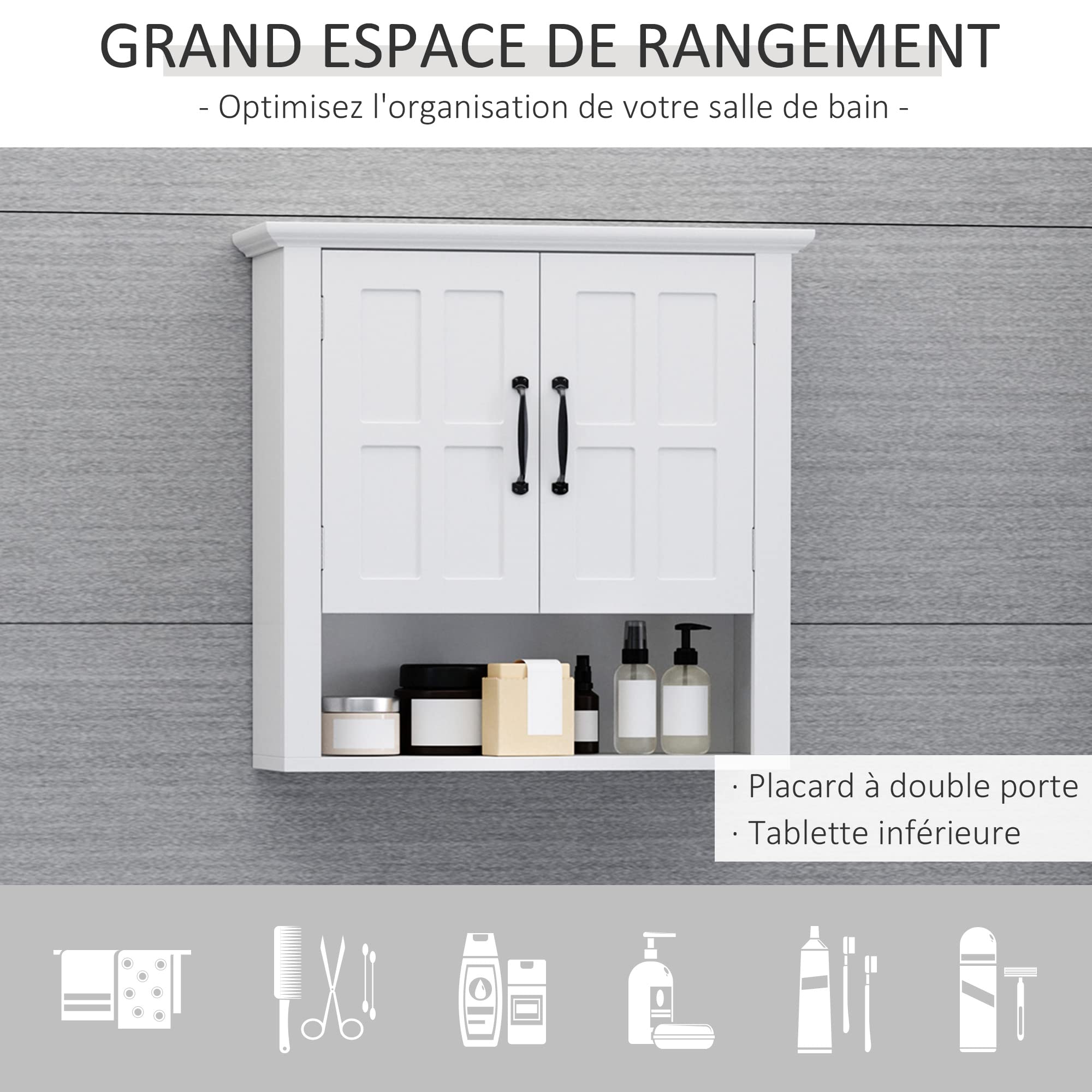 HOMCOM Armoire Haute Murale de Salle de Bain ou WC Placard 2 Portes 2 étagères Niche dim. 60L x 20l x 58H cm MDF Panneaux Particules Blanc