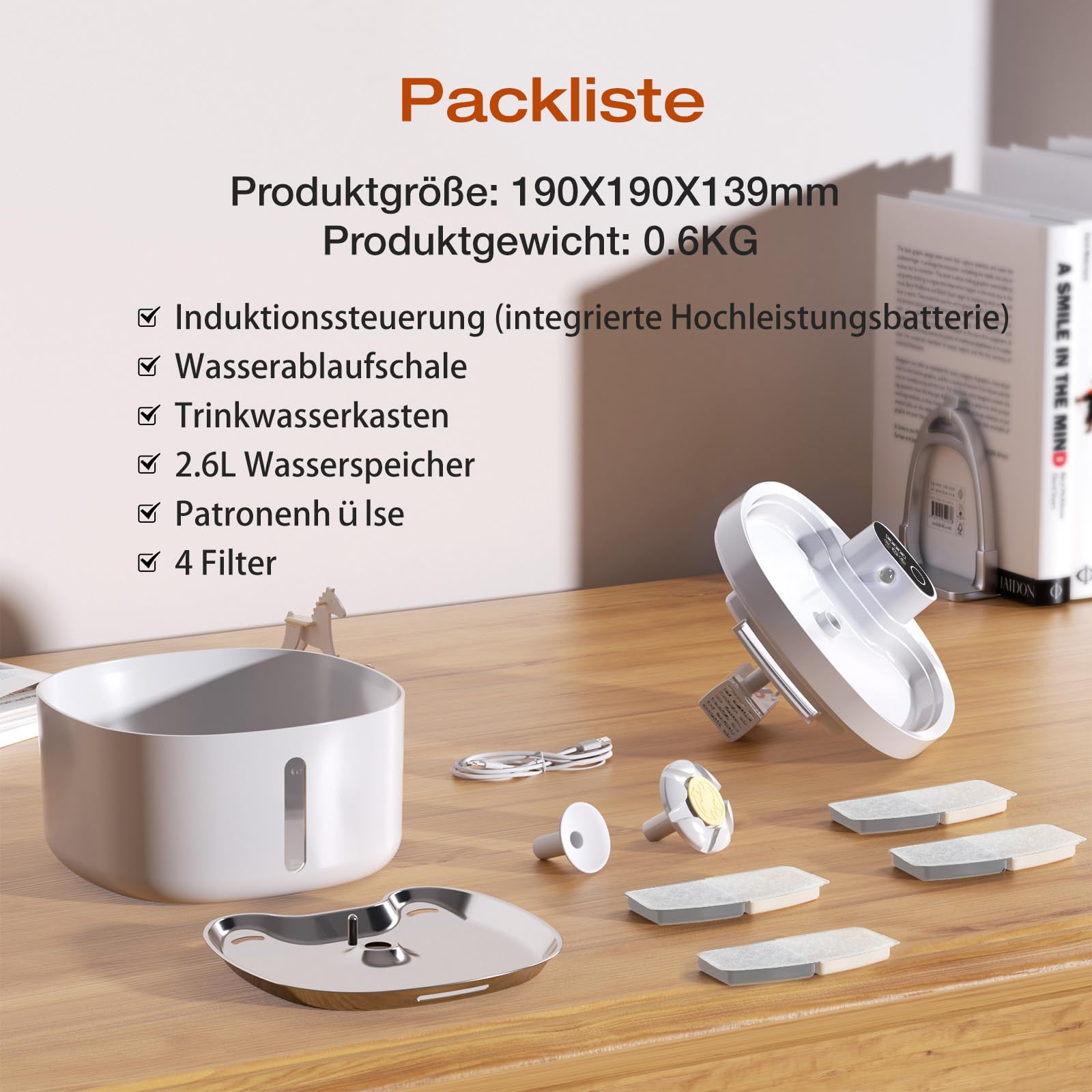 Katzenbrunnen, 2.6L Trinkbrunnen für Katze mit 4 Filter, Leise Katzenbrunnen Kabellos mit Bewegungsmelder, 4000mAh Batteriebetrieben Katzentrinkbrunnen, Tablett aus Edelstahl für Katze - BPA-Frei