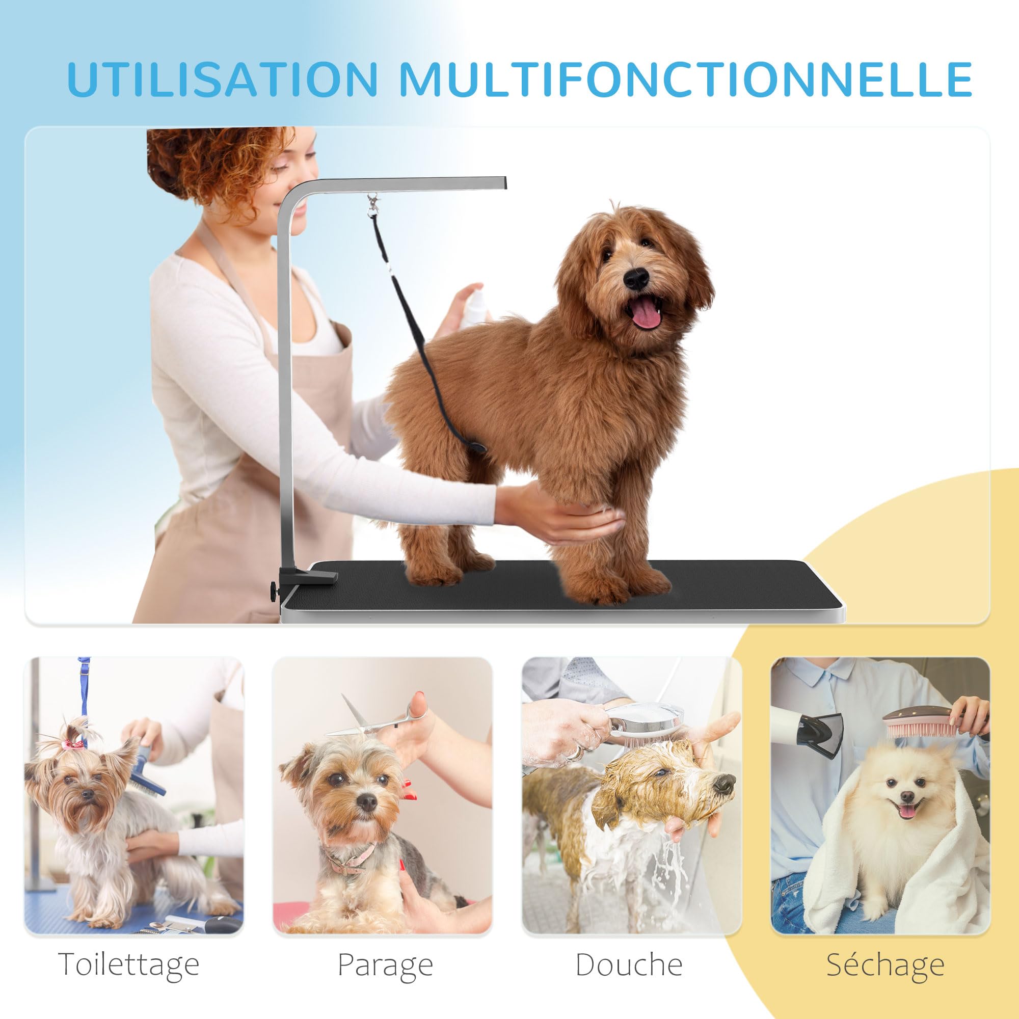 PawHut Table de toilettage pour Chien Pliante 90x60x76cm, Stable - Plateau antidérapant Caoutchouc, 2 Sangles - Potence réglable INOX et Panier - Station d'entretien pour Petits/Moyens Chiens, Noir