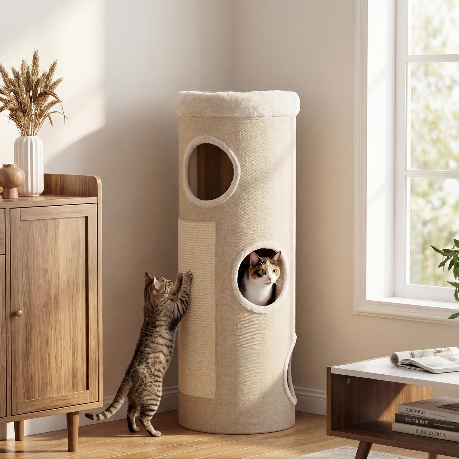 GYMAX Griffoir Dome 113cm avec Perchoir Souple, Tonneau à Griffer pour Chats, avec 3 Entrées, 2 Panneaux en Sisal à Gratter, Tissu Respirant, Matériau Intérieur Naturel