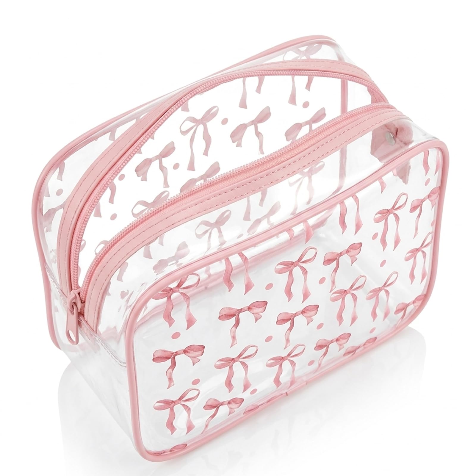 clear makeup bag, travel wash bag for organised storage, transparent bow design cosmetic pouch, portable toiletry case with closure, ideal for travel and daily use
