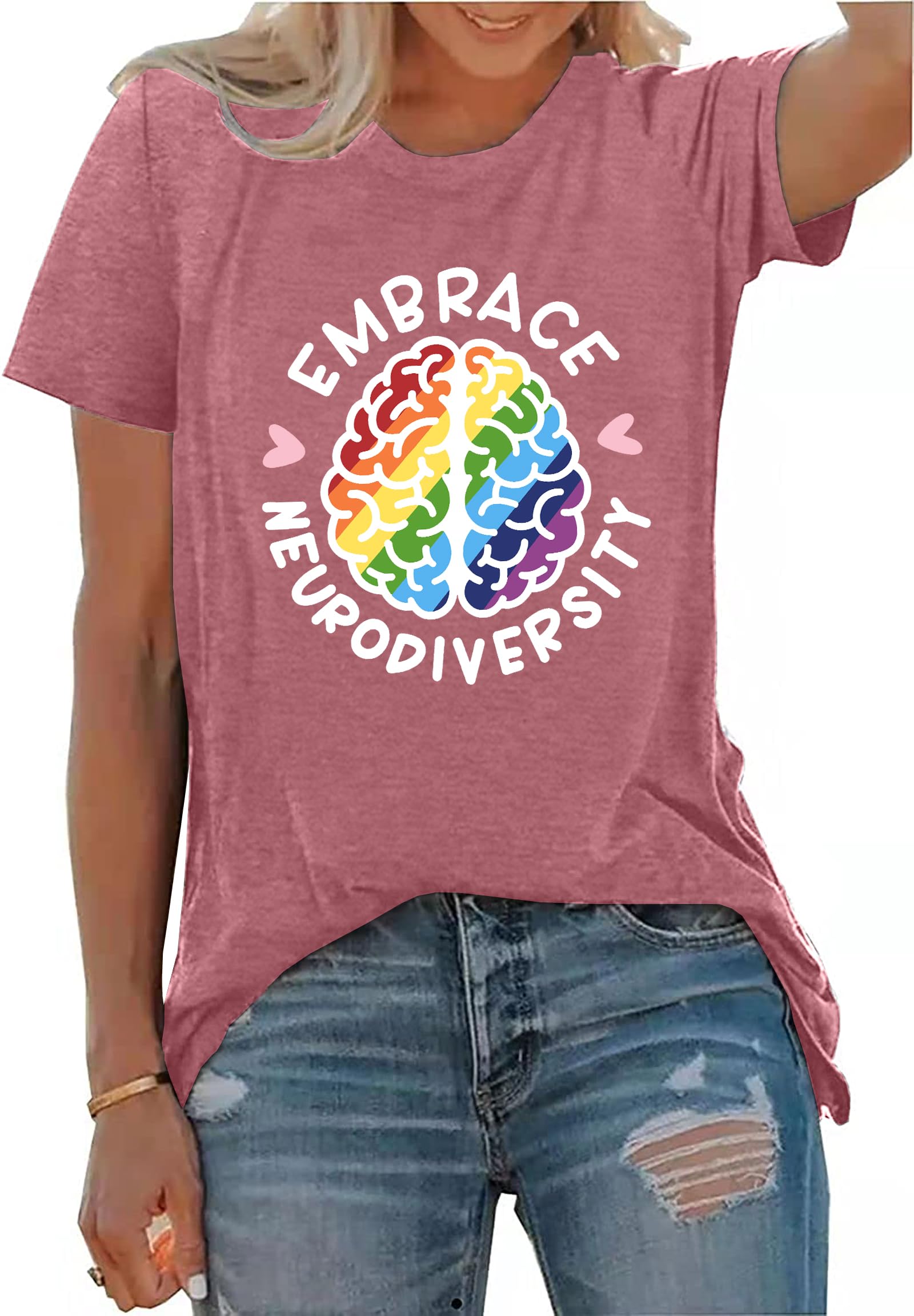PECHARMental Health Shirts for Women Embrace Neurodiversity Brain Graphics Tee Autism Gifts Short Sleeve Blouse Tops