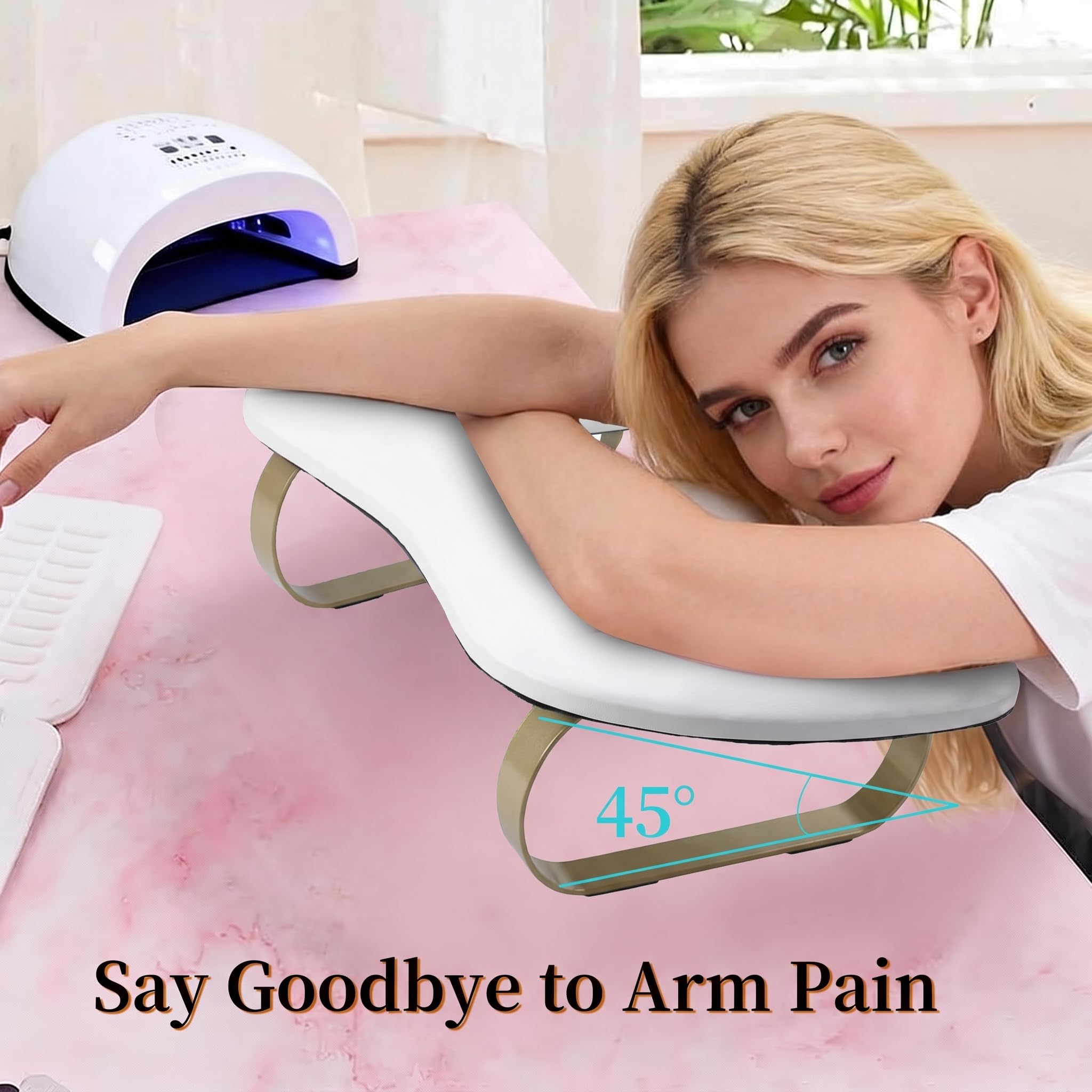 Reposabrazos en forma de U: soporte de arco dorado para uñas, soporte ergonómico en ángulo de 45° para profesionales del arte de uñas y uso doméstico, reposamanos de manicura y pedicura