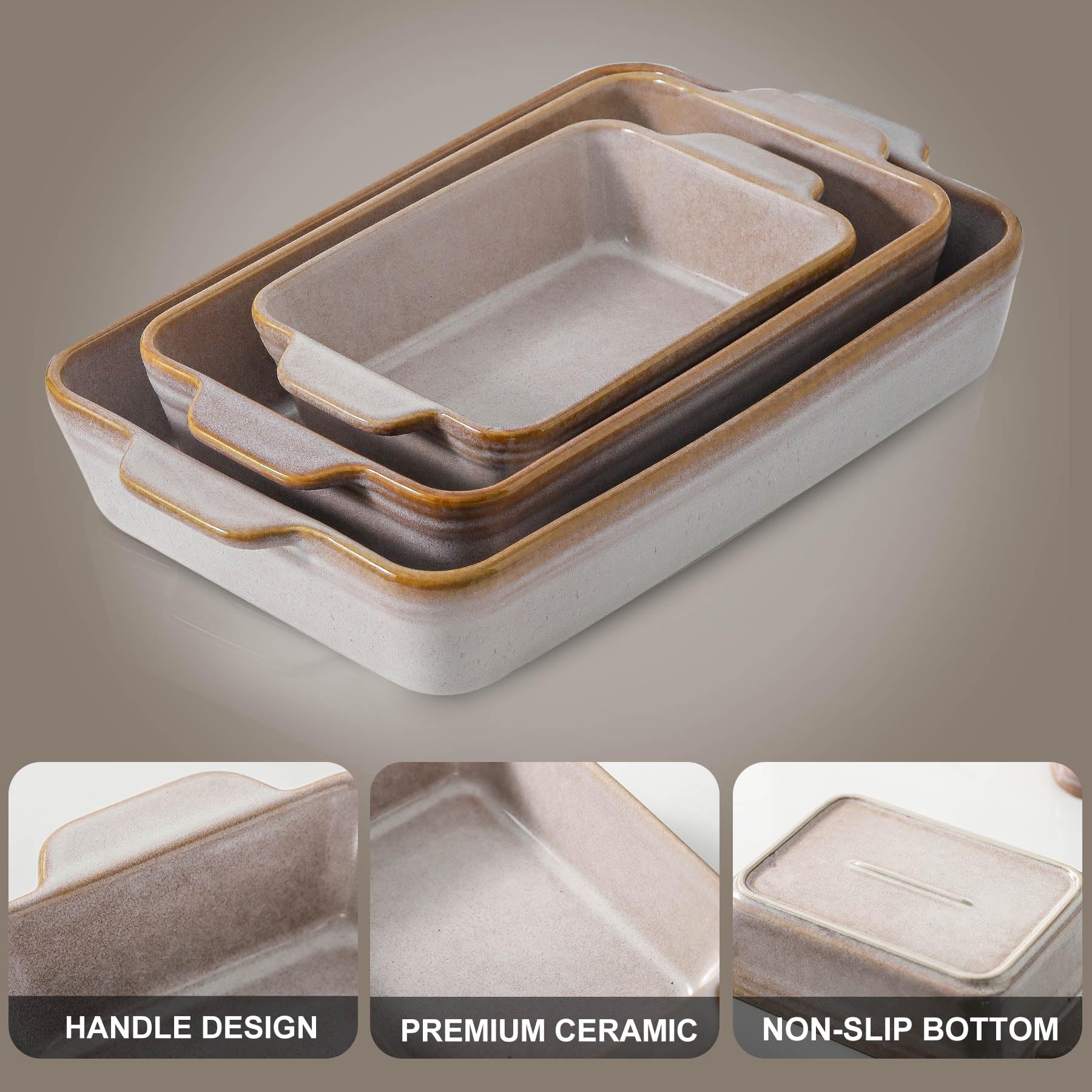 HVH Auflaufformen-Set, 22,9 x 33 cm, große Auflaufformen für den Ofen, Keramik-Backformen, rechteckig, tief zum Backen, sandfarben