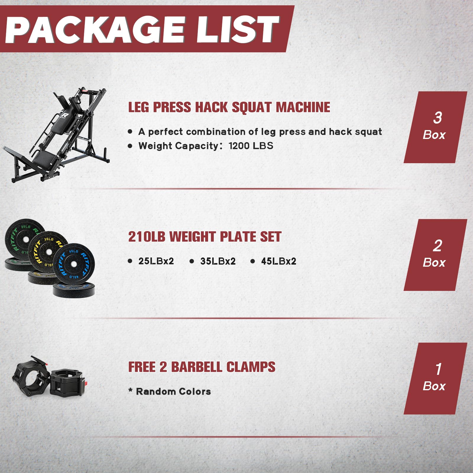 RitFit Adjustable Leg Press and Hack Squat Machine with Weight Plates, Professional Home Gym Equipment with Linear Bearings, for Lower Body Workouts, Weight Storage Posts, 210LB Fleck Rubber Plate Set