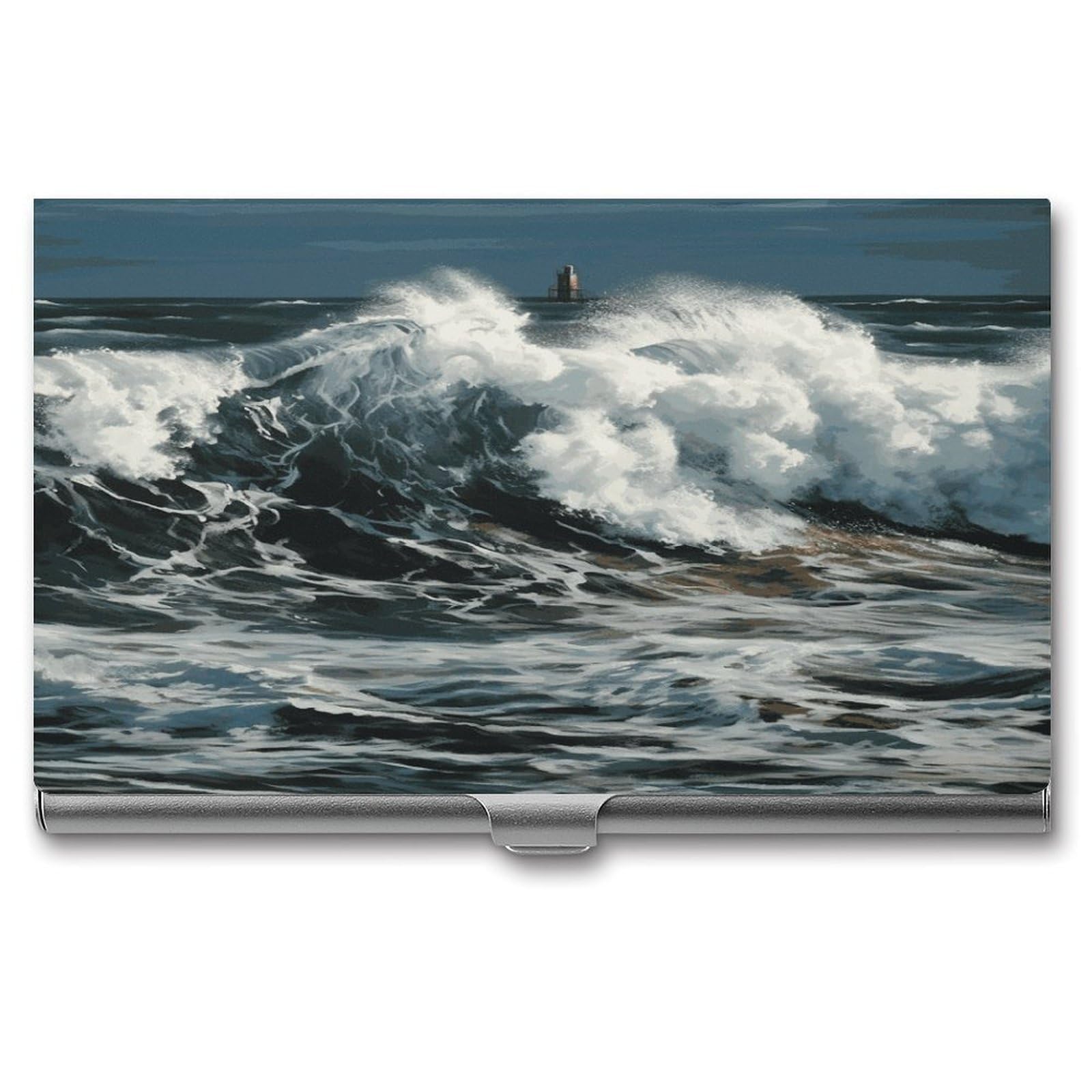 LDGSUPH The Sea Waves Business Card Holder Fashion Slim Name Card Holder Minimalist Design Case Metal Card Carrier Personalized Business Card Case with Flip for Men Women