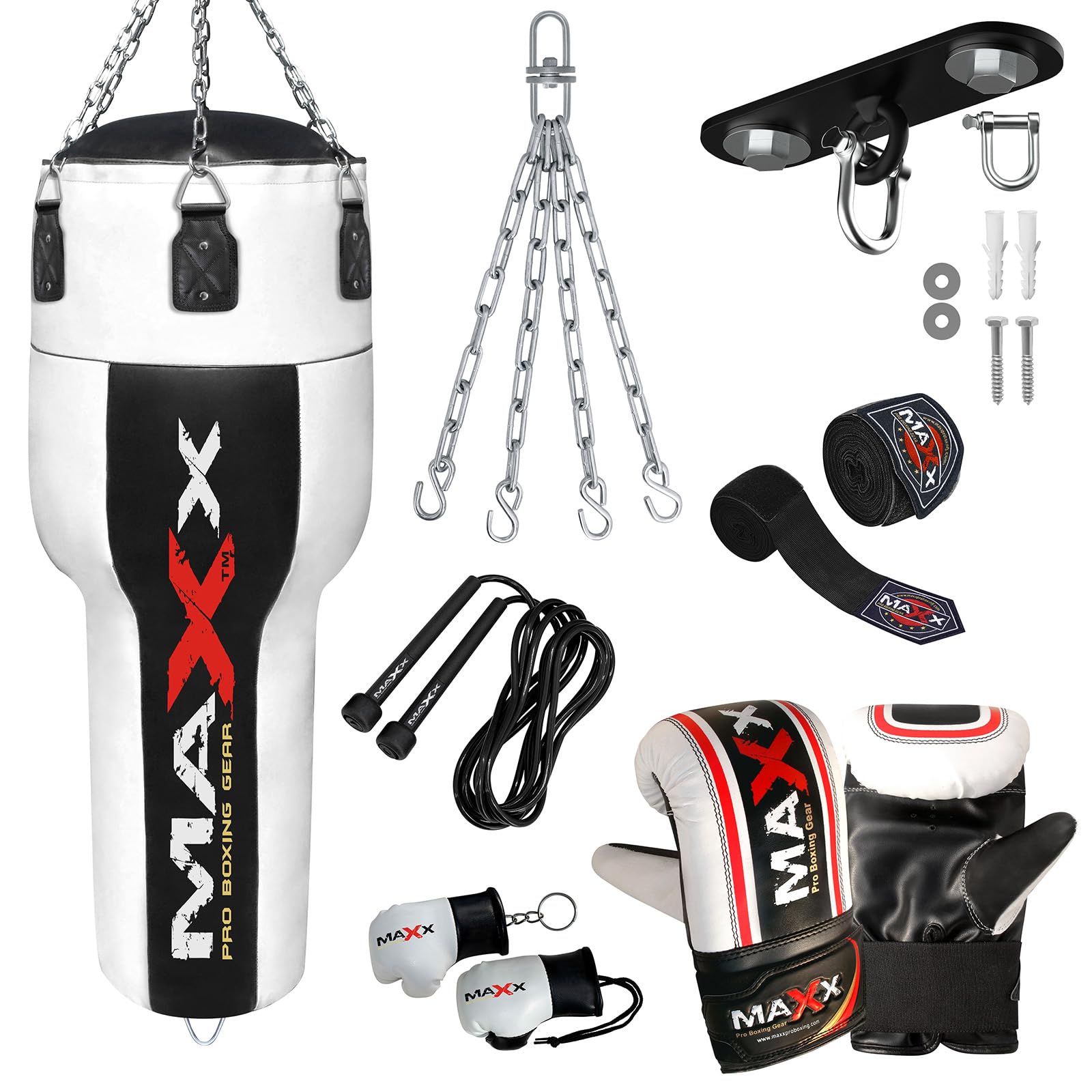 Maxx Black/White Heavy Duty Punch Bags - Uppercut, Triple, Angle, Wrecking & More (UPPERCUT BAG, BAG +10PCS SET WTH HOOK)