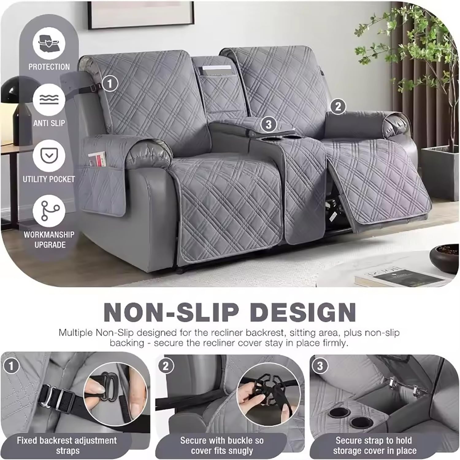 Copripoltrona Relax Reclinabile 2 Posti Trapuntato Copridivano Reclinabile, con console Centrale e Cinghie Regolabili Copertura Salvadivano per Poltrona Antiscivolo Protezione Divano(Borgogna)