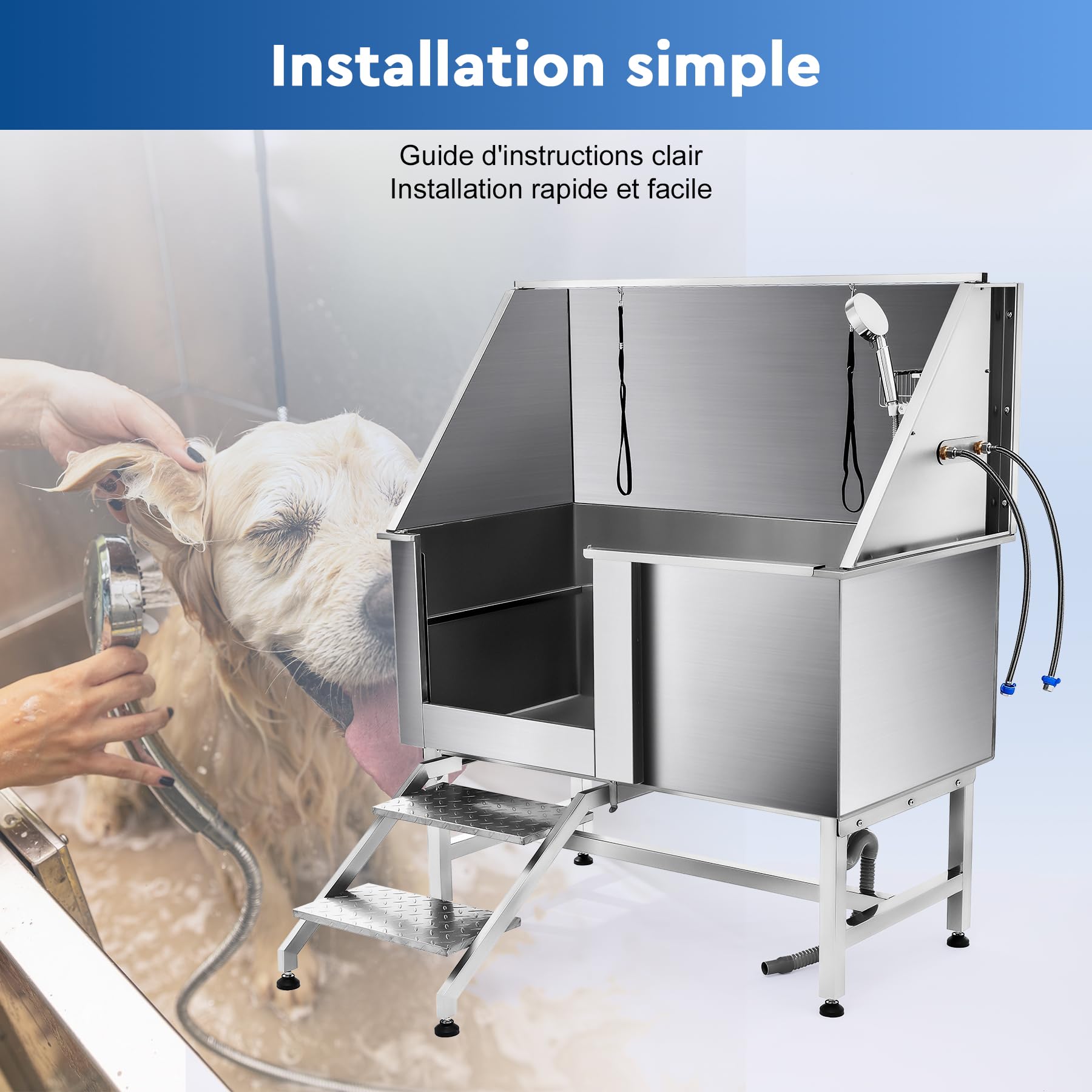 Baignoire de Toilettage pour Chien 127CM Capacité 115KG en Acier Inoxydable 304 Station de Bains pour Grands Chiens avec Escaliers et Pomme de Douche, pour Maison Hôpital Animalerie
