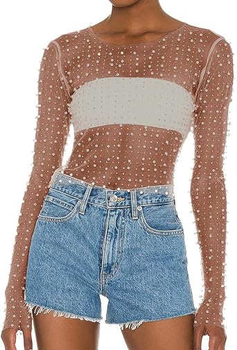 Women Sexy See Through Pearl Rhinestone Beaded Crop Top Y2K Slim Long Sleeve Crop Blouse Shirt Party Clubwear