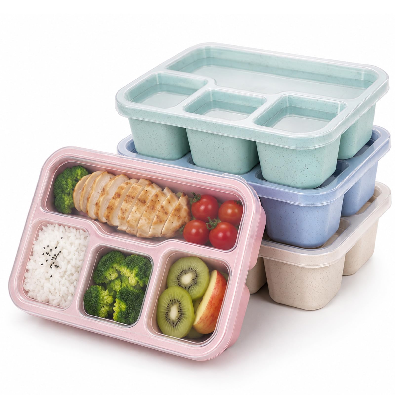 YESAH 4 Pack Snack Boxes with Lids,4 Compartment Snack Containers for Meal Prep,Bento Lunch Box for Kids & Adults,Reusable Plastic Snack Bento Boxes for School,Travel,Work,Fruit,Nuts,Salad